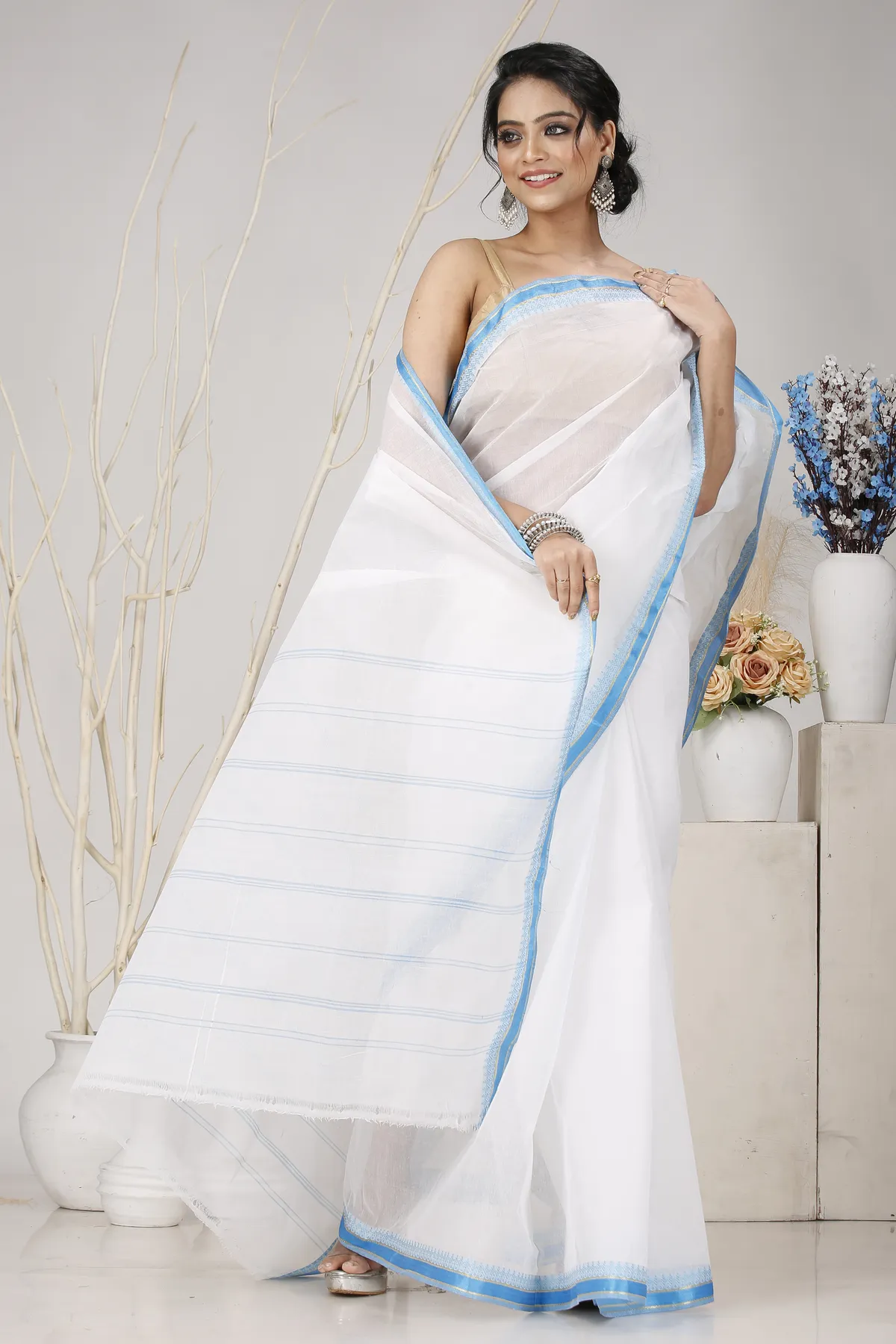 DipDiya Pure Cotton White Blue Subra Weaves with a Story Tant Sarees