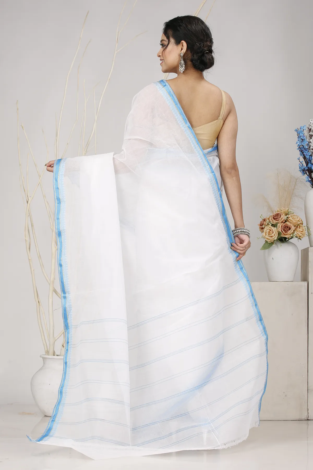 DipDiya Pure Cotton White Blue Subra Weaves with a Story Tant Sarees