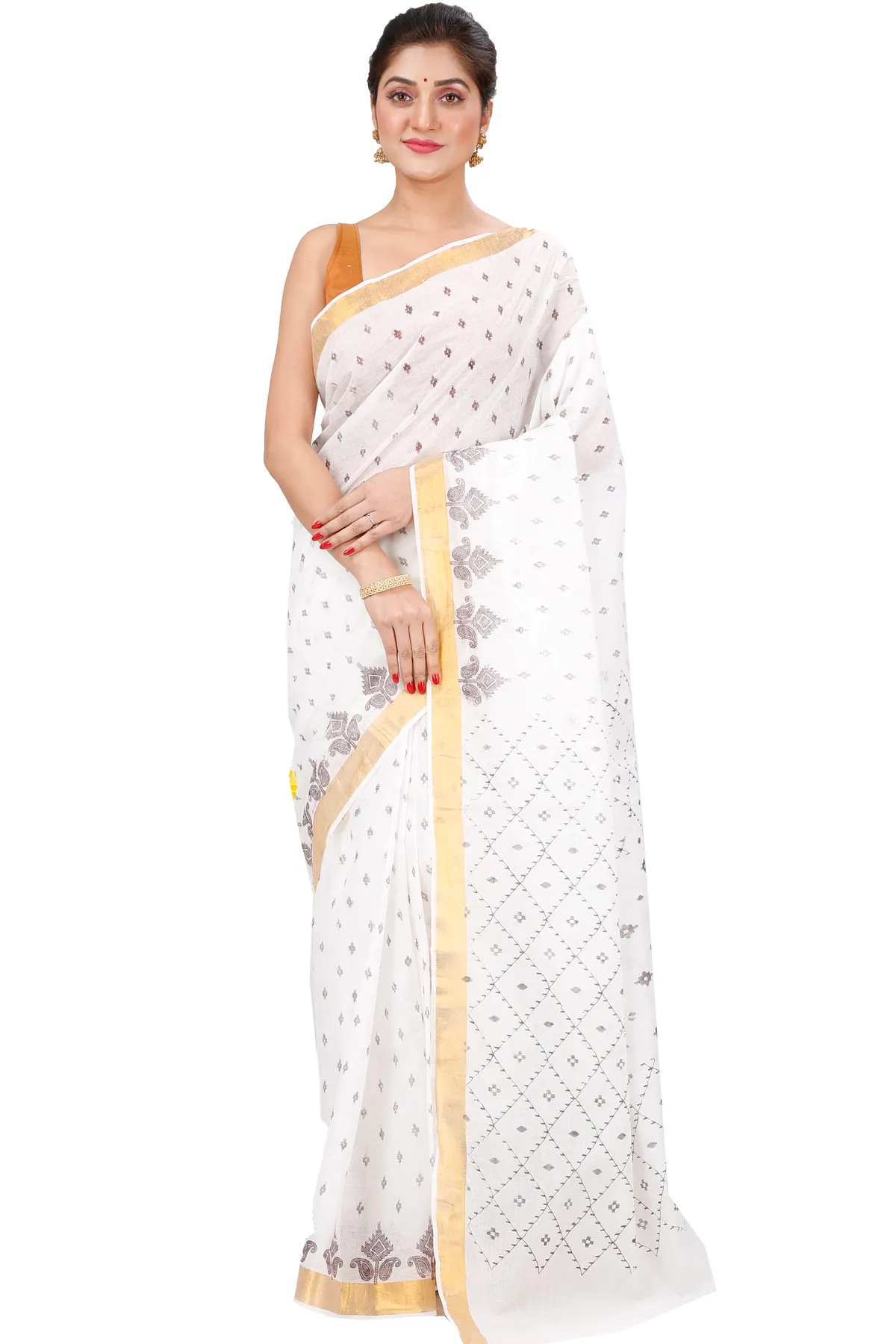DipDiya Pure Cotton White Brown Ekant Print Classic Bengali Printed Tant Sarees