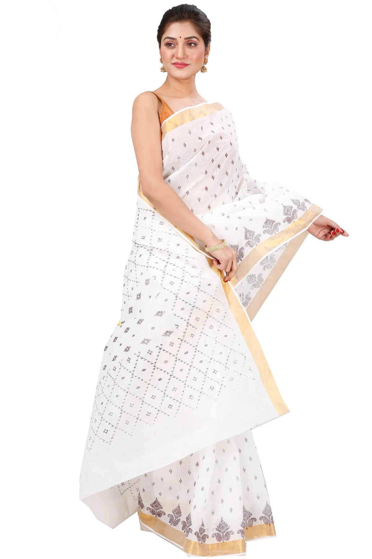 DipDiya Pure Cotton White Brown Ekant Print Classic Bengali Printed Tant Sarees