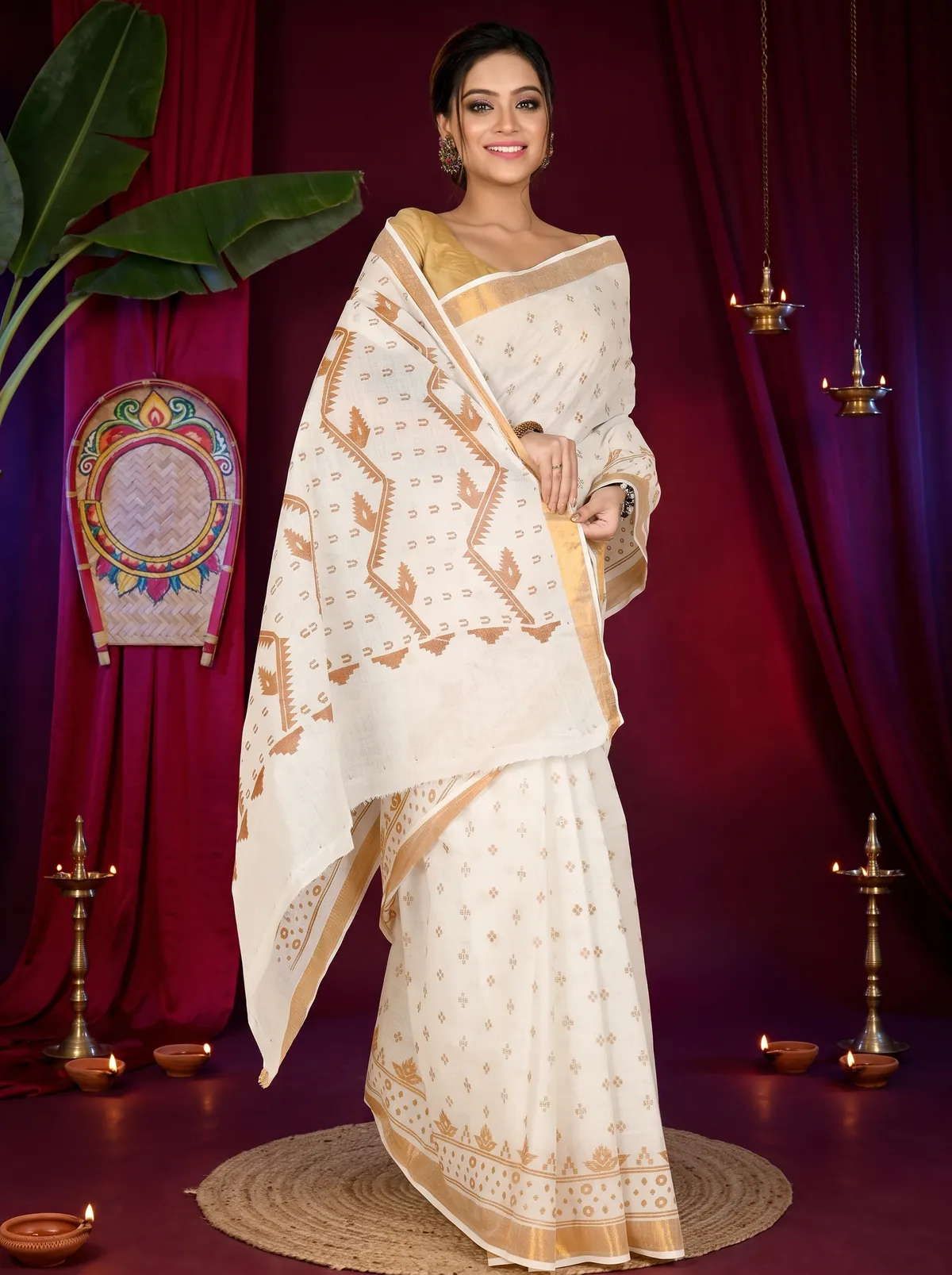 DipDiya Pure Cotton White Brown Ekta Print Classic Bengali Printed Tant Sarees