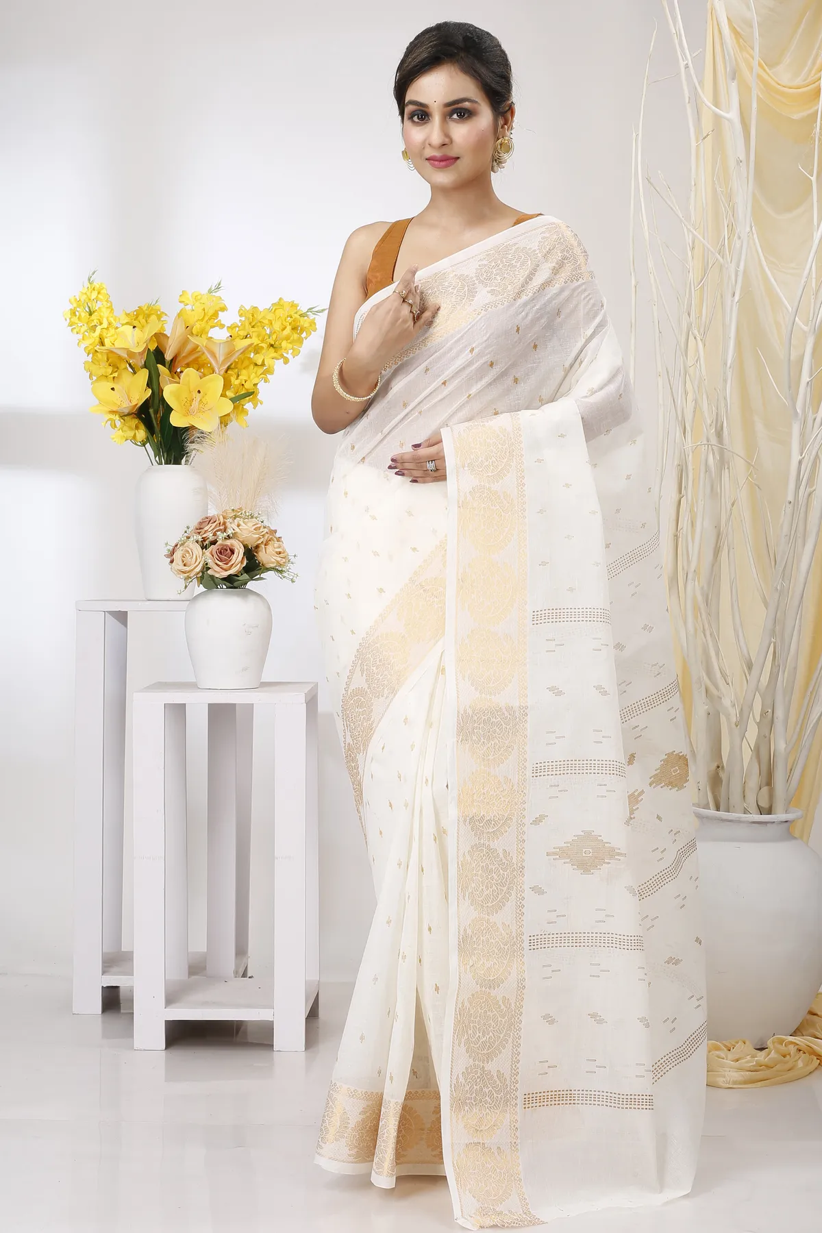 DipDiya Pure Cotton White Brown Levi Bengali Heritage Printed Tant Sarees