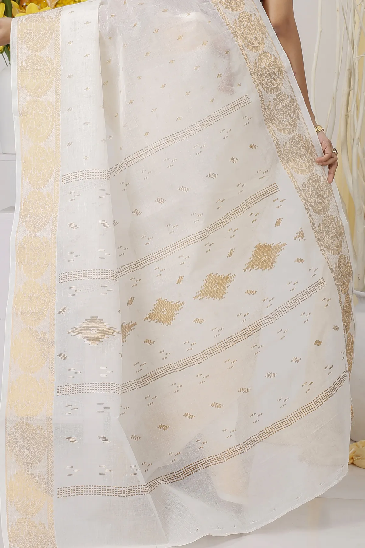 DipDiya Pure Cotton White Brown Levi Bengali Heritage Printed Tant Sarees