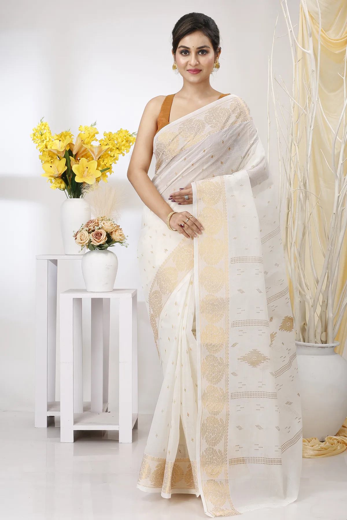 DipDiya Pure Cotton White Brown Levi Bengali Heritage Printed Tant Sarees