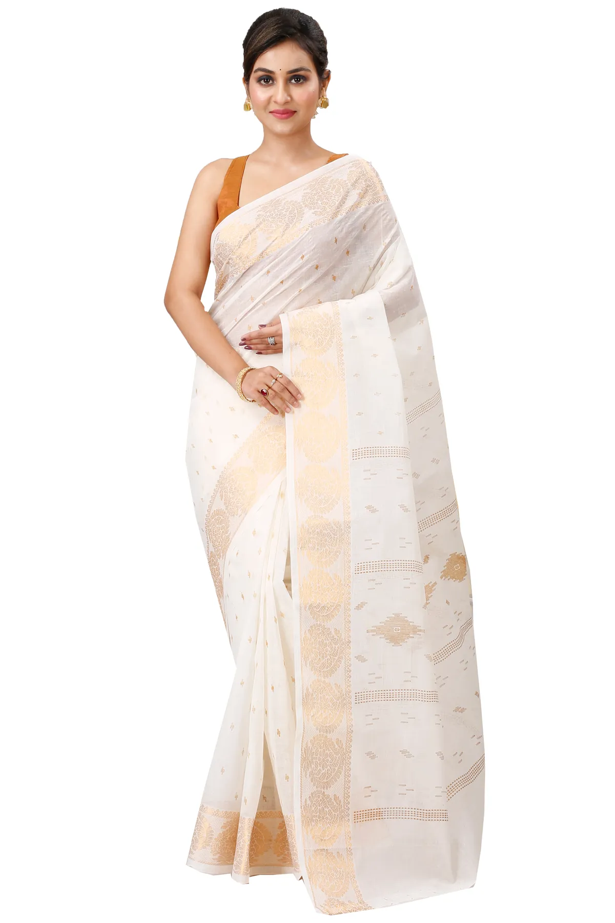 DipDiya Pure Cotton White Brown Levi Bengali Heritage Printed Tant Sarees
