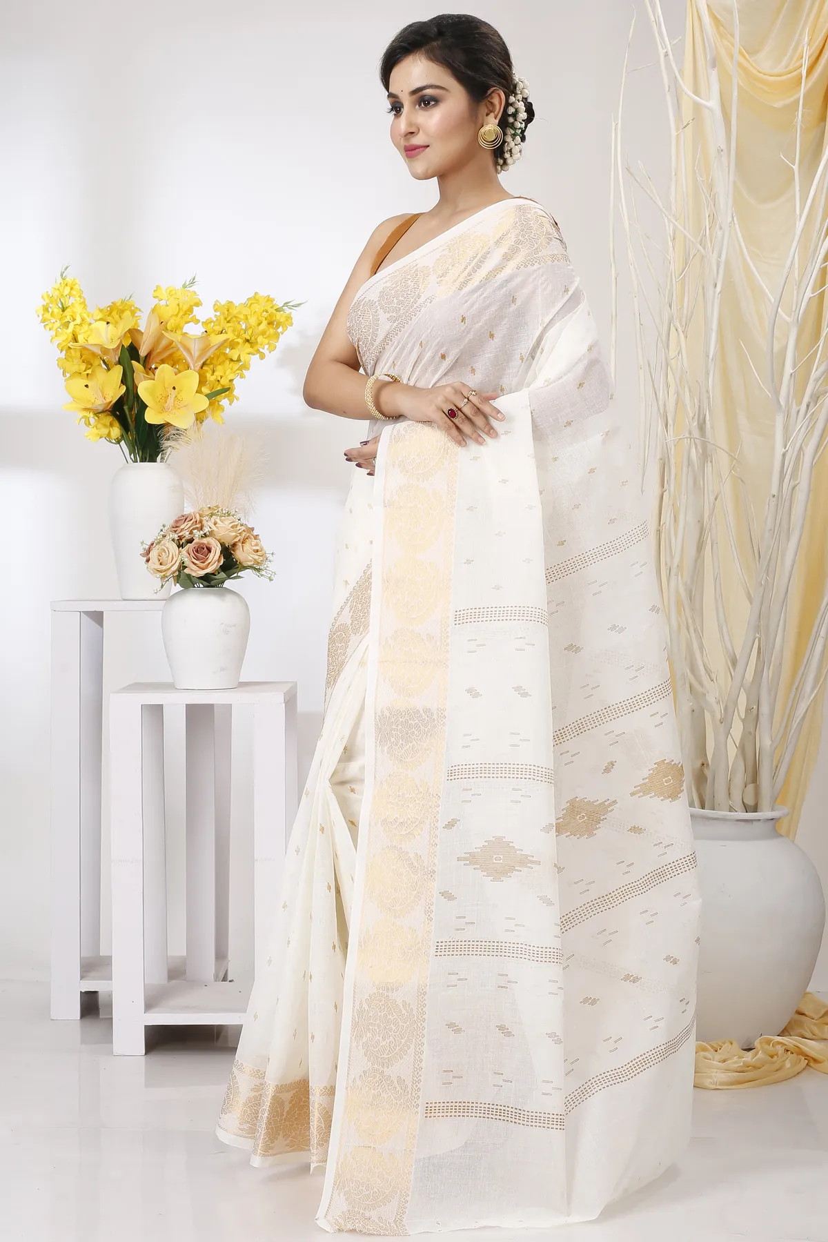 DipDiya Pure Cotton White Brown Levi Bengali Heritage Printed Tant Sarees