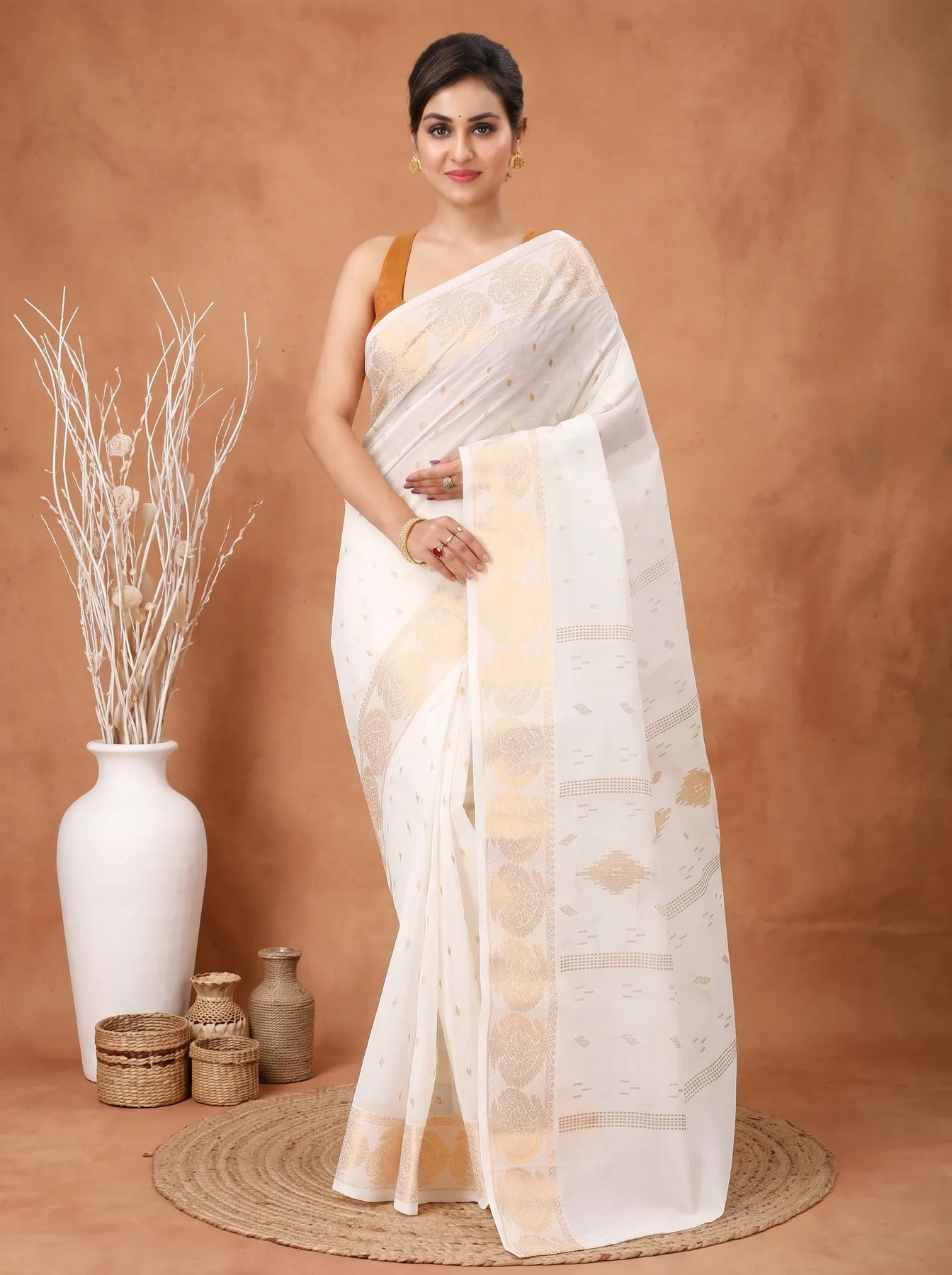 DipDiya Pure Cotton White Brown Levi Bengali Heritage Printed Tant Sarees