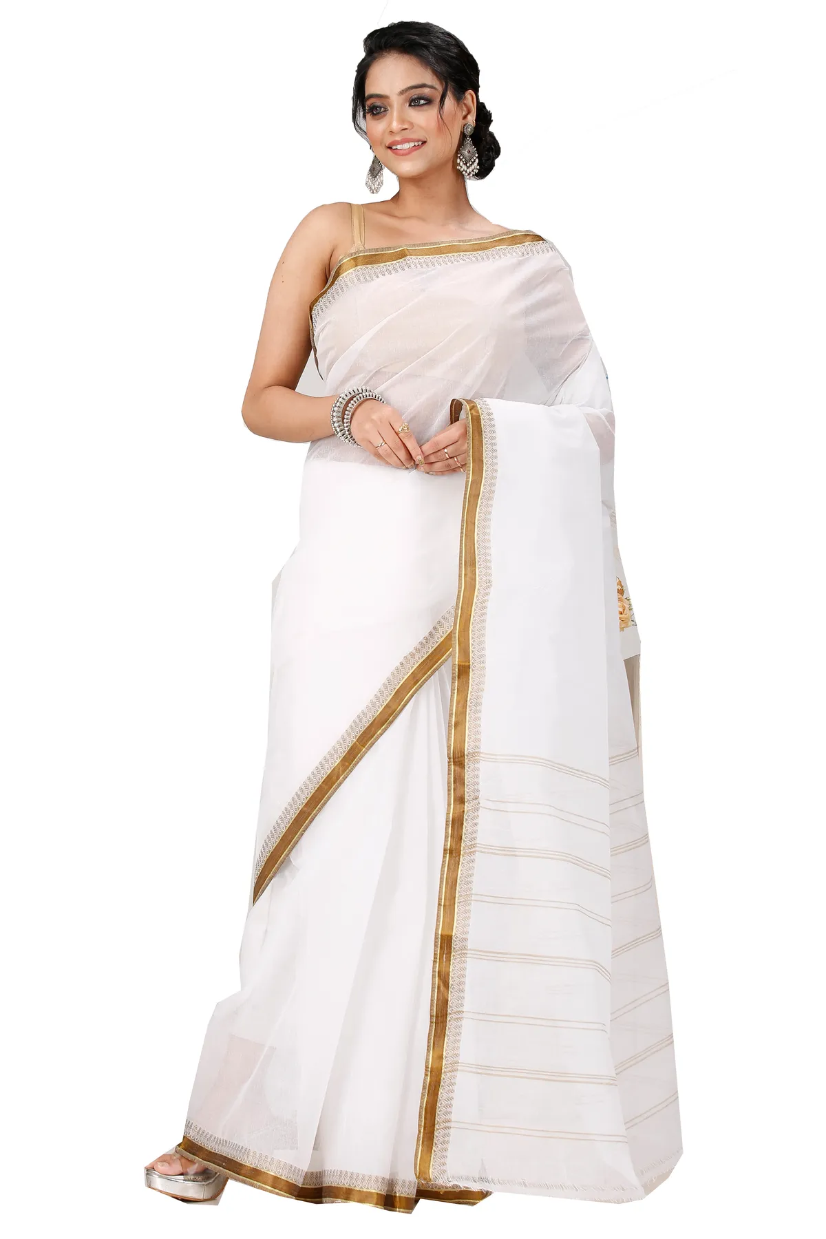 DipDiya Pure Cotton White Brown Subra Woven by Hand Tant Sarees