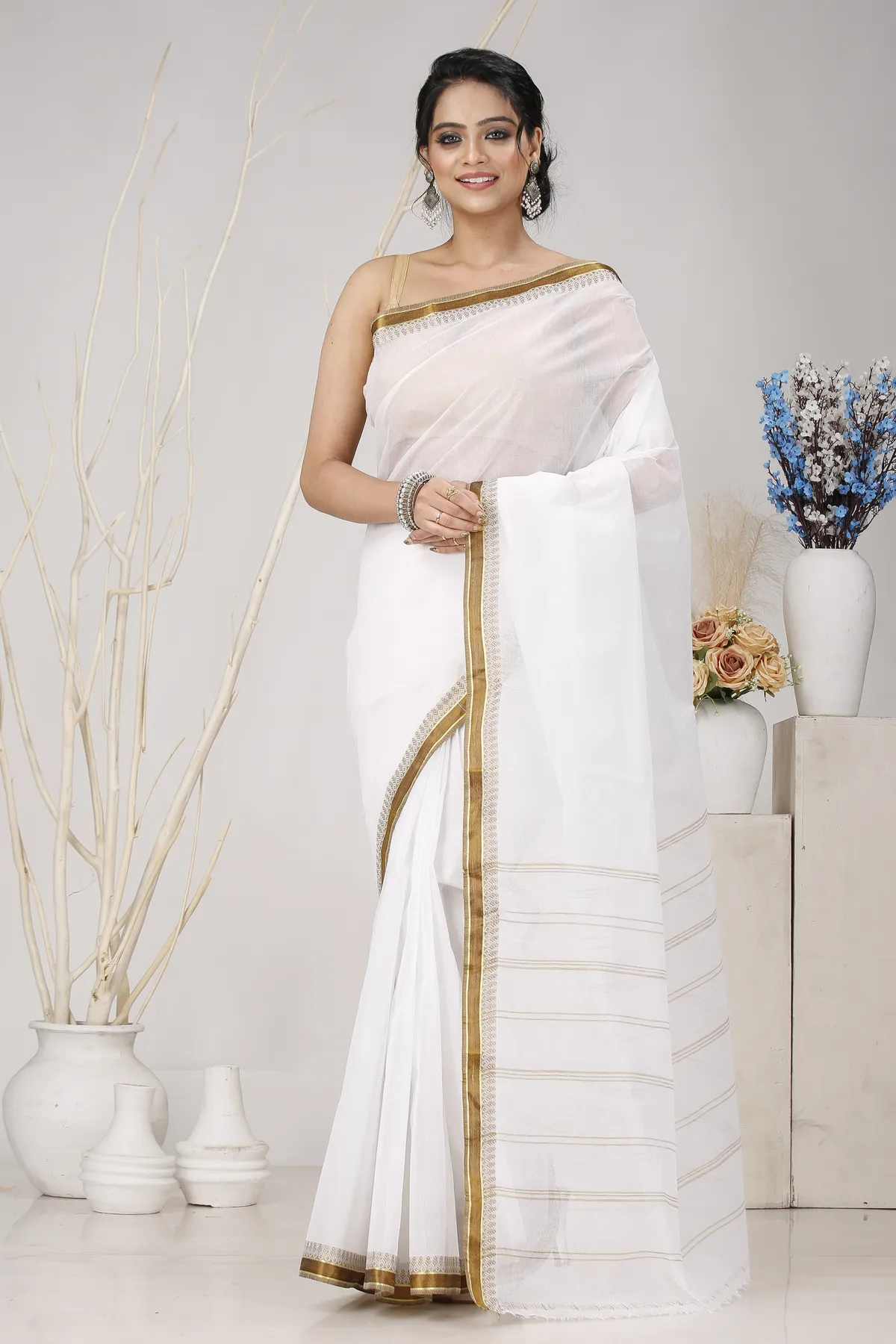 DipDiya Pure Cotton White Brown Subra Woven by Hand Tant Sarees