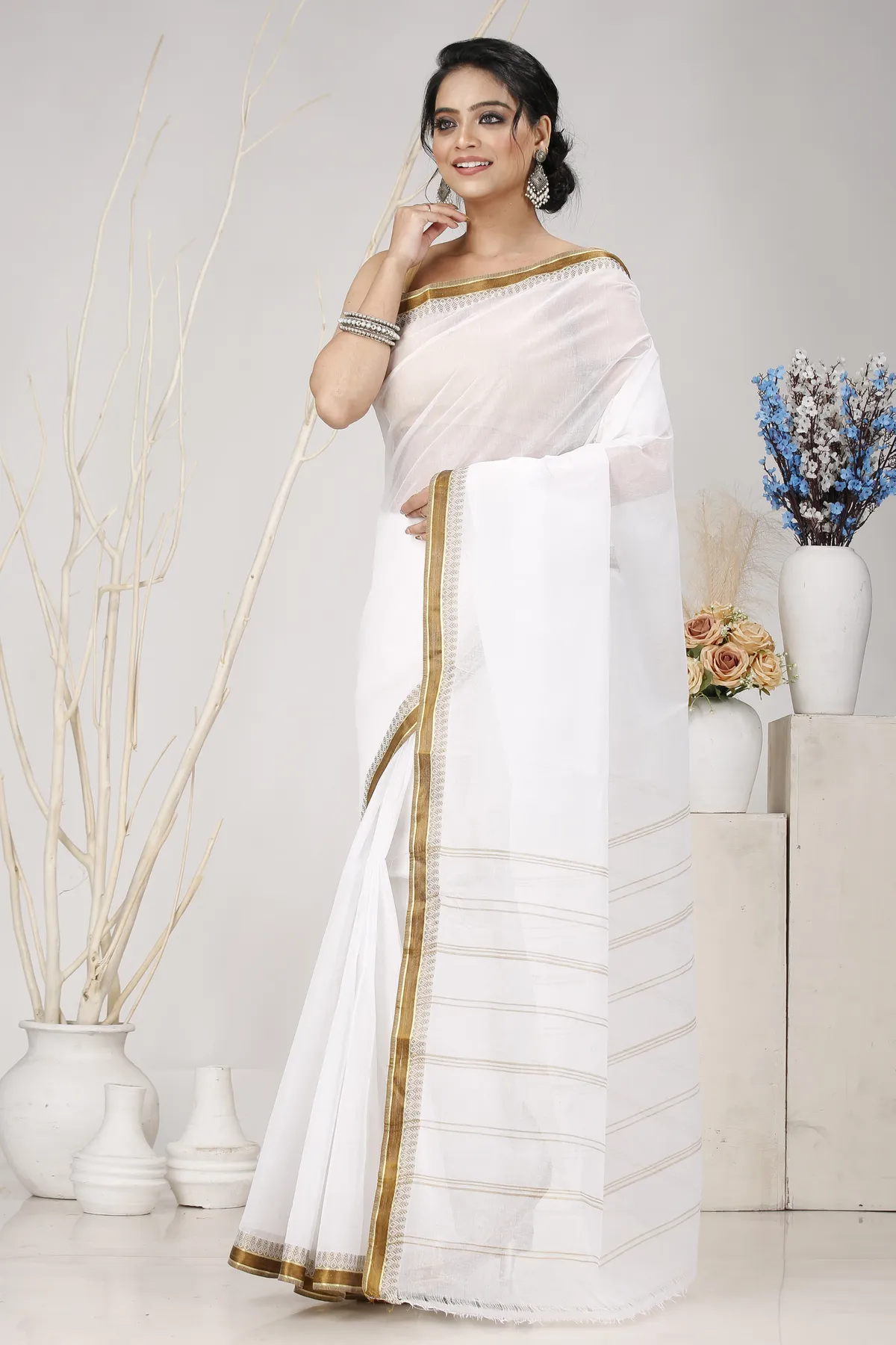 DipDiya Pure Cotton White Brown Subra Woven by Hand Tant Sarees