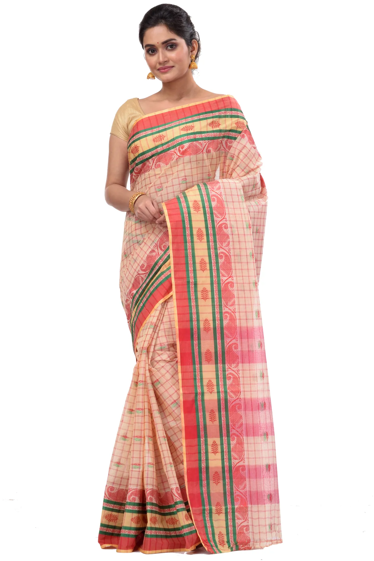 DipDiya Pure Cotton White ChakButi Pure Bengali Grace Tant Sarees