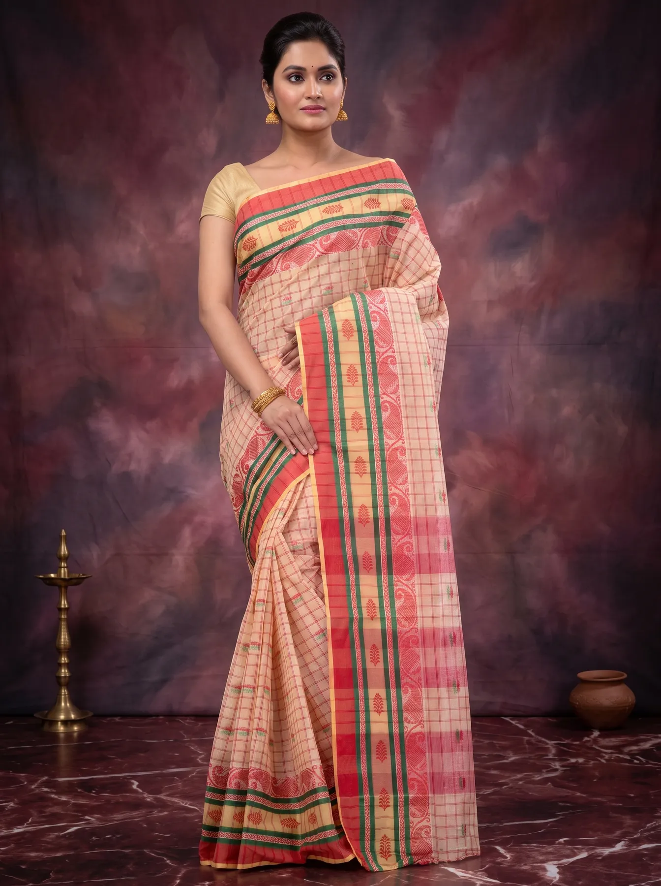 DipDiya Pure Cotton White ChakButi Pure Bengali Grace Tant Sarees