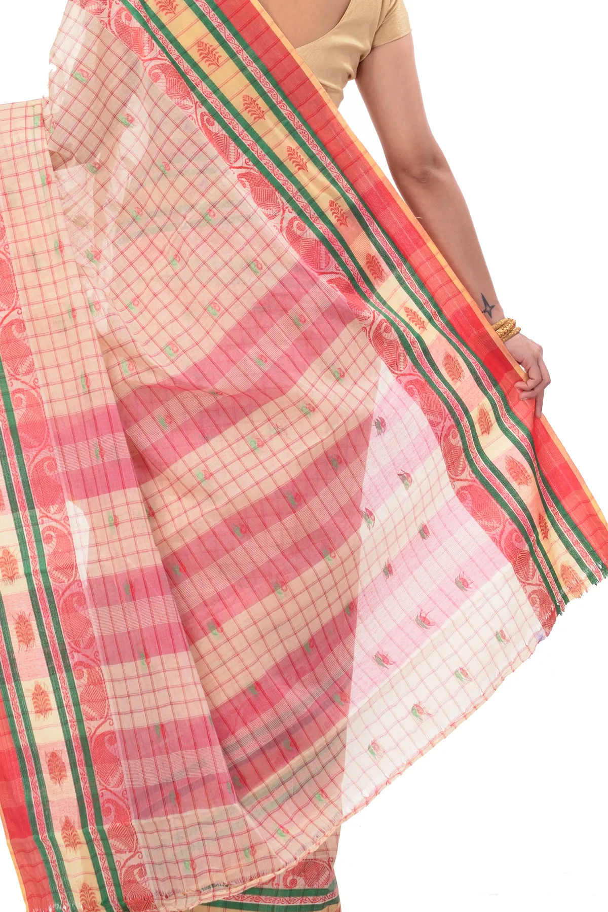 DipDiya Pure Cotton White ChakButi Pure Bengali Grace Tant Sarees