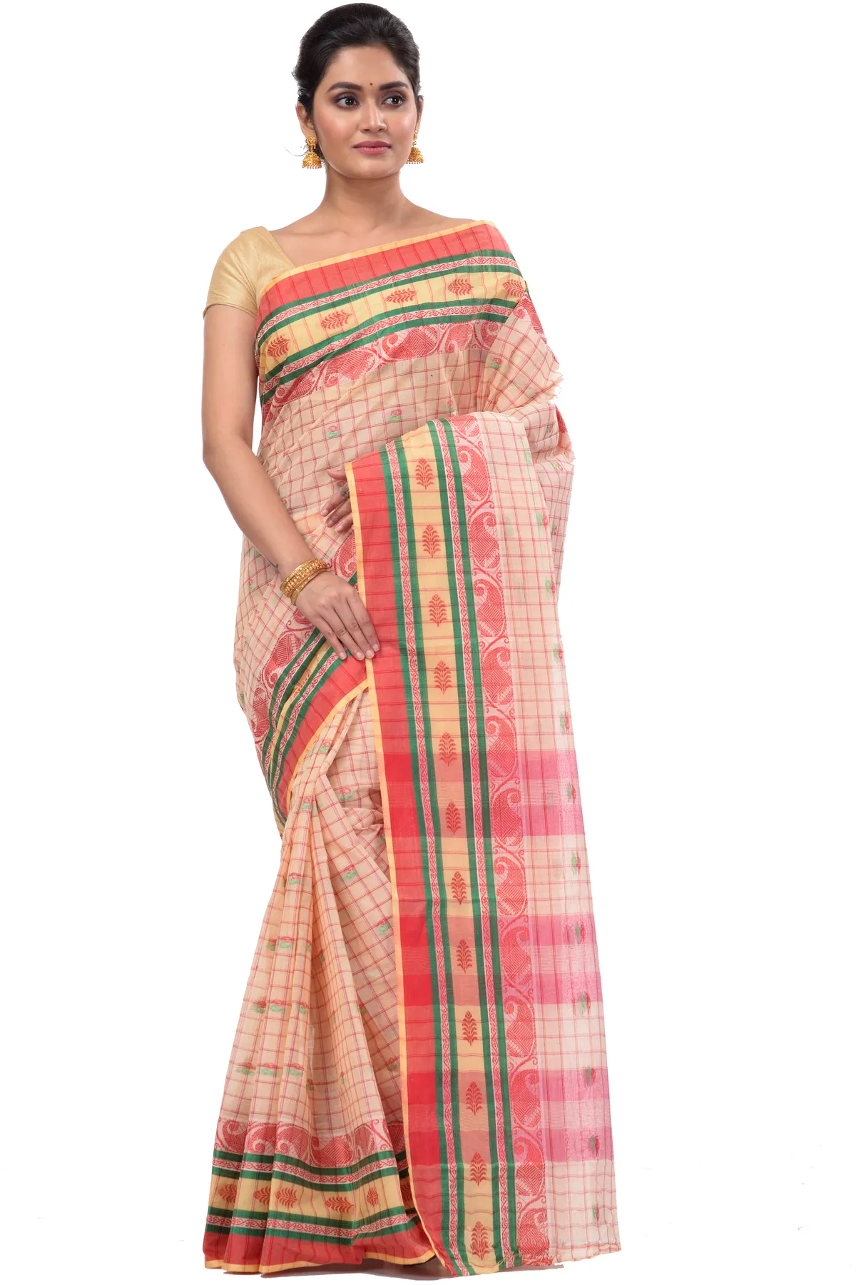 DipDiya Pure Cotton White ChakButi Pure Bengali Grace Tant Sarees