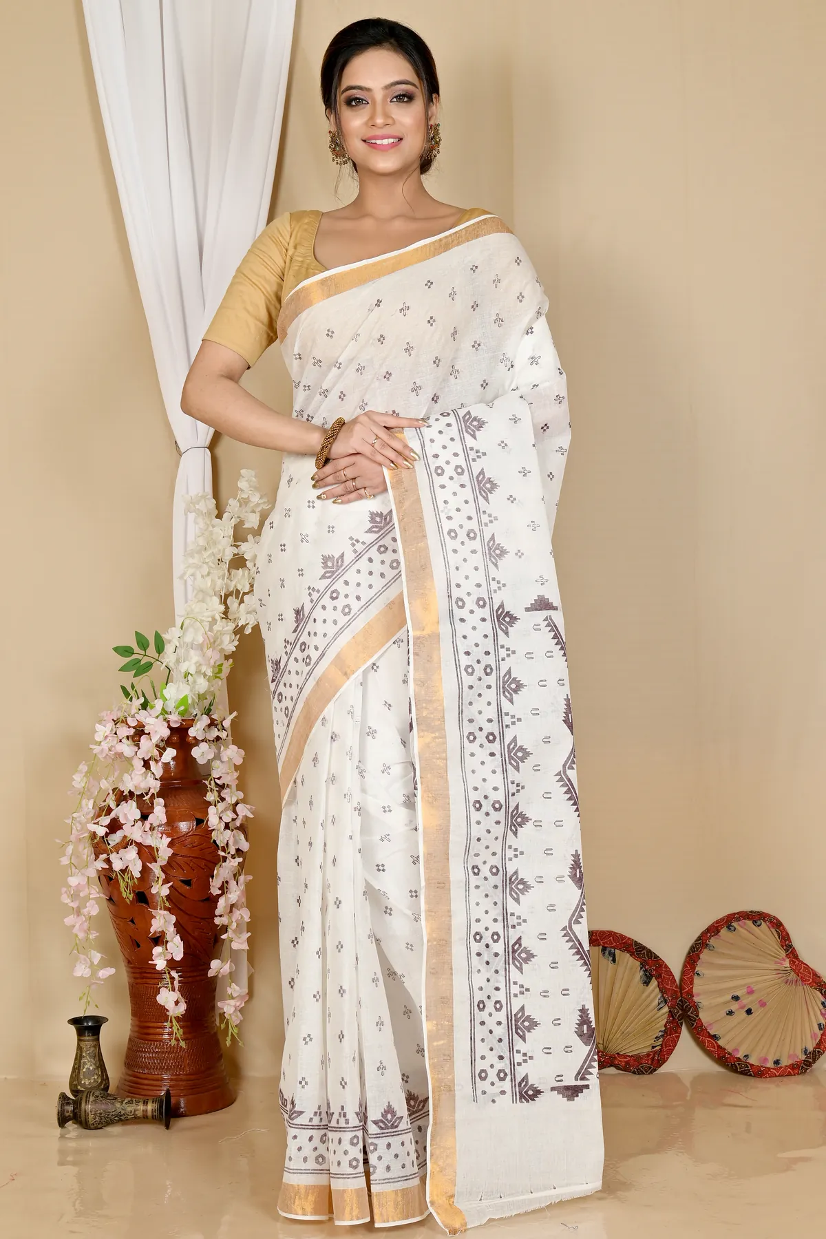 DipDiya Pure Cotton White Dark Brown Ekta Print Bengali Heritage Printed Tant Sarees