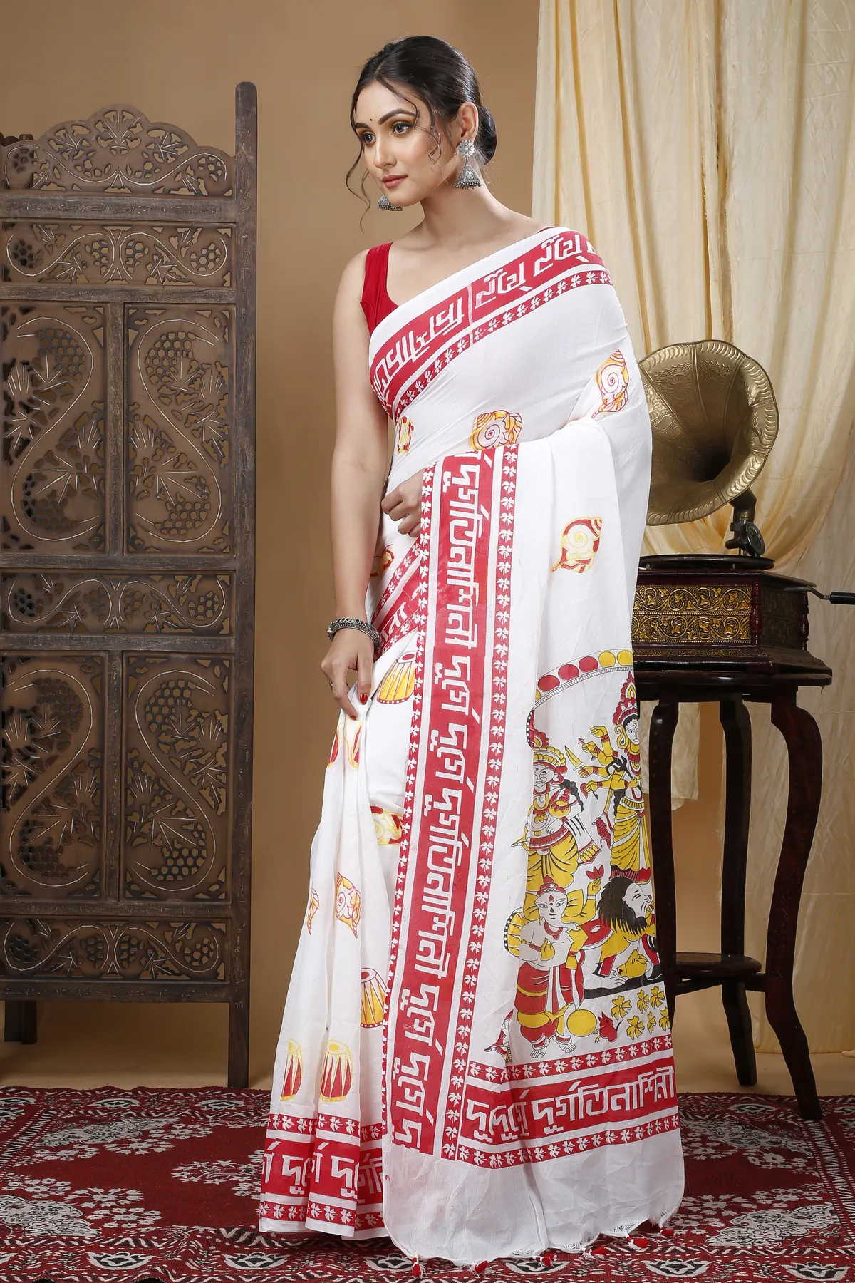 DipDiya Pure Cotton White Durga Stories of Bengal Printed Handloom Sarees