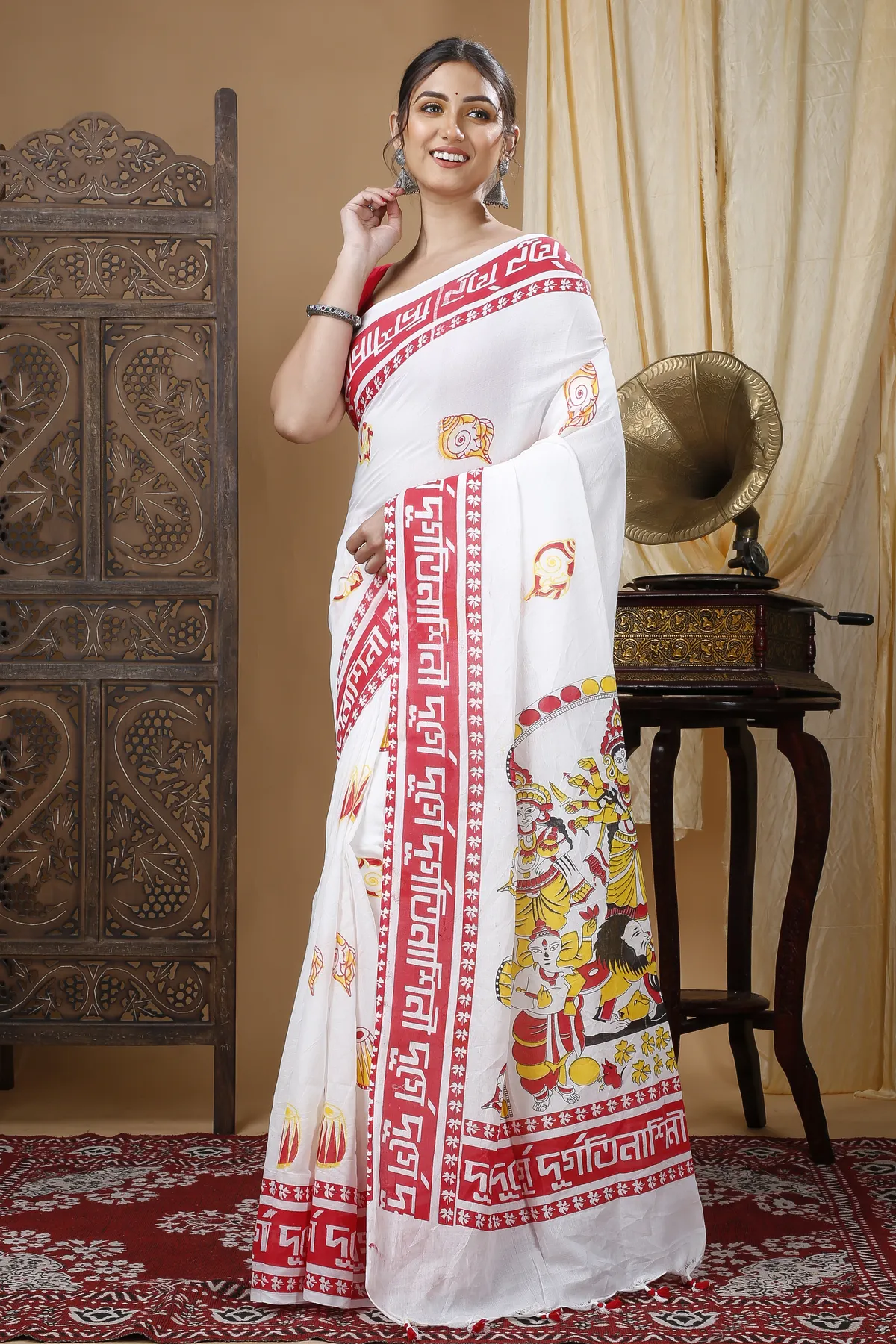 DipDiya Pure Cotton White Durga Stories of Bengal Printed Handloom Sarees