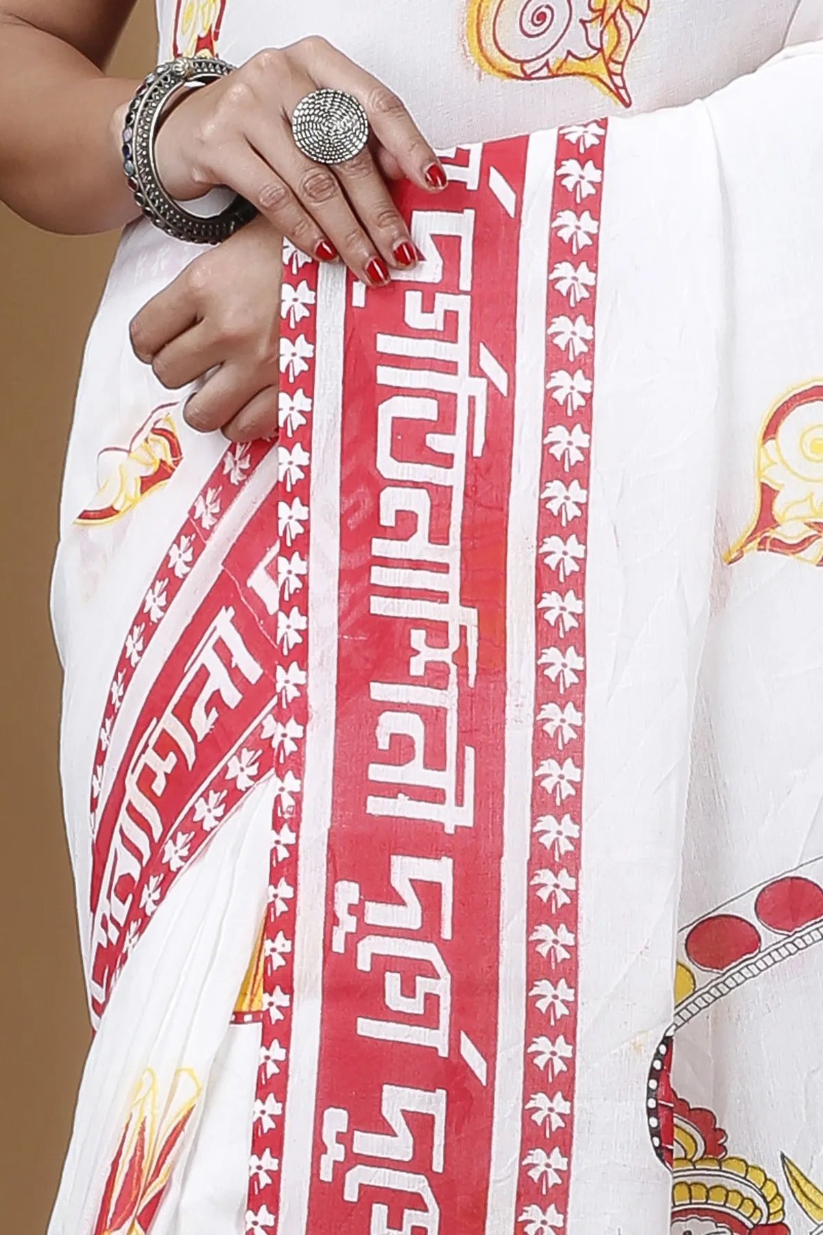 DipDiya Pure Cotton White Durga Stories of Bengal Printed Handloom Sarees