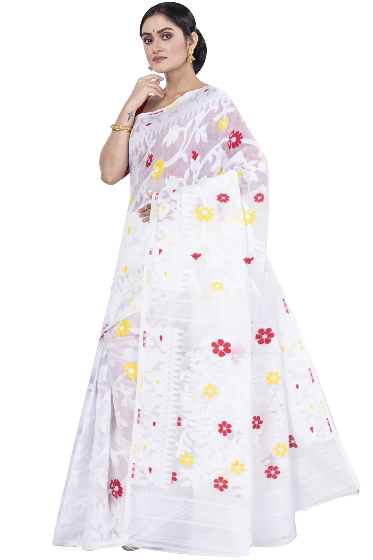 DipDiya Pure Cotton White Fulpori  Jamd Essence of Bengal Jamdani Sarees