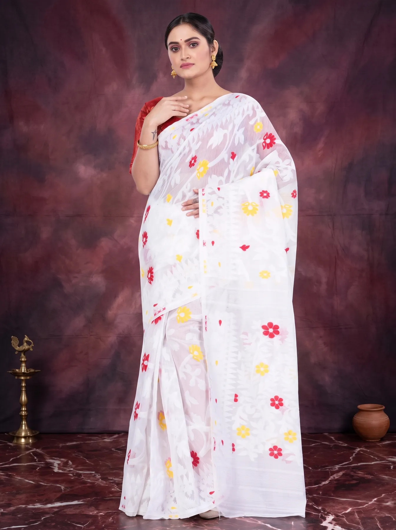 DipDiya Pure Cotton White Fulpori  Jamd Essence of Bengal Jamdani Sarees