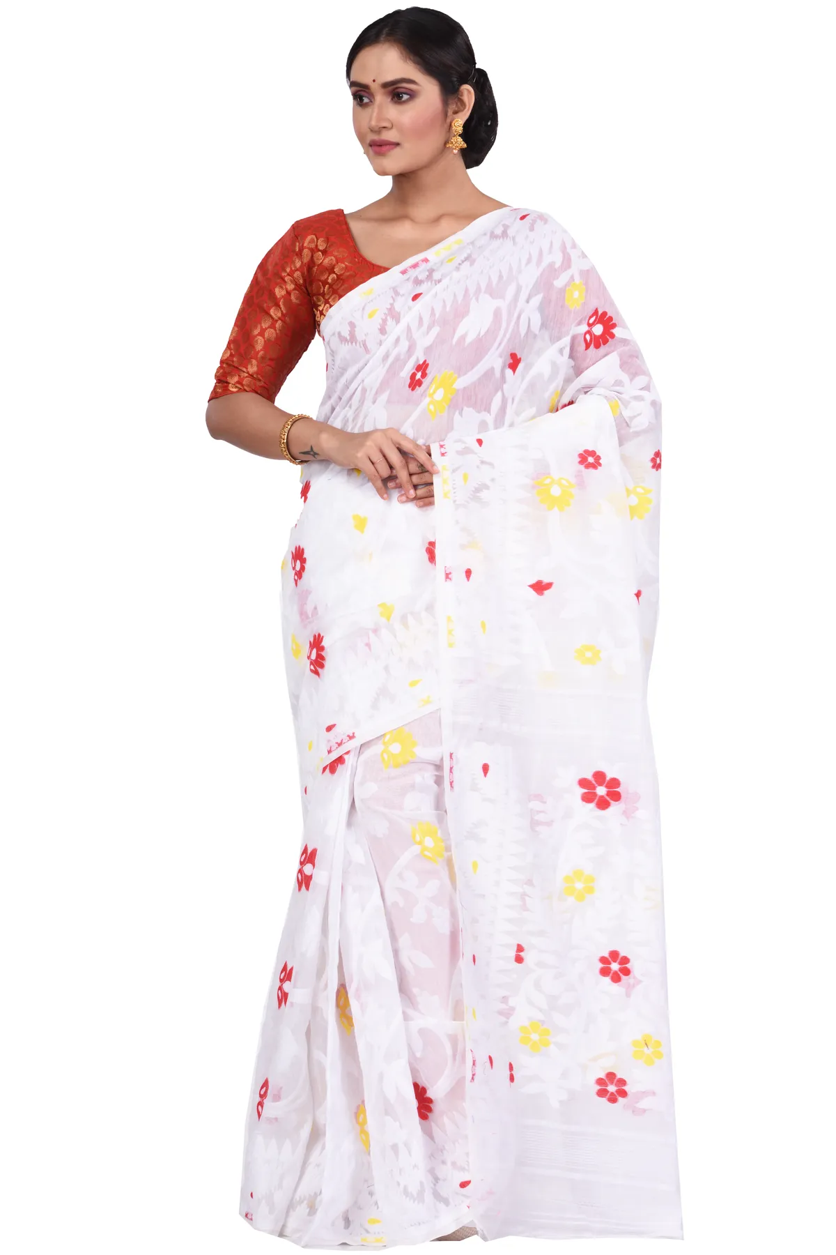 DipDiya Pure Cotton White Fulpori  Jamd Essence of Bengal Jamdani Sarees