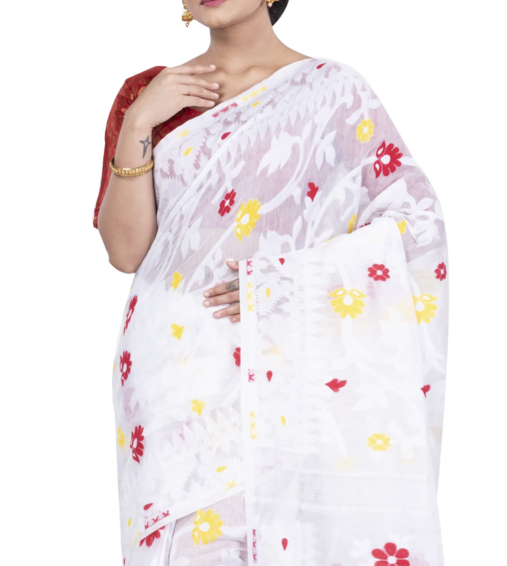 DipDiya Pure Cotton White Fulpori  Jamd Essence of Bengal Jamdani Sarees