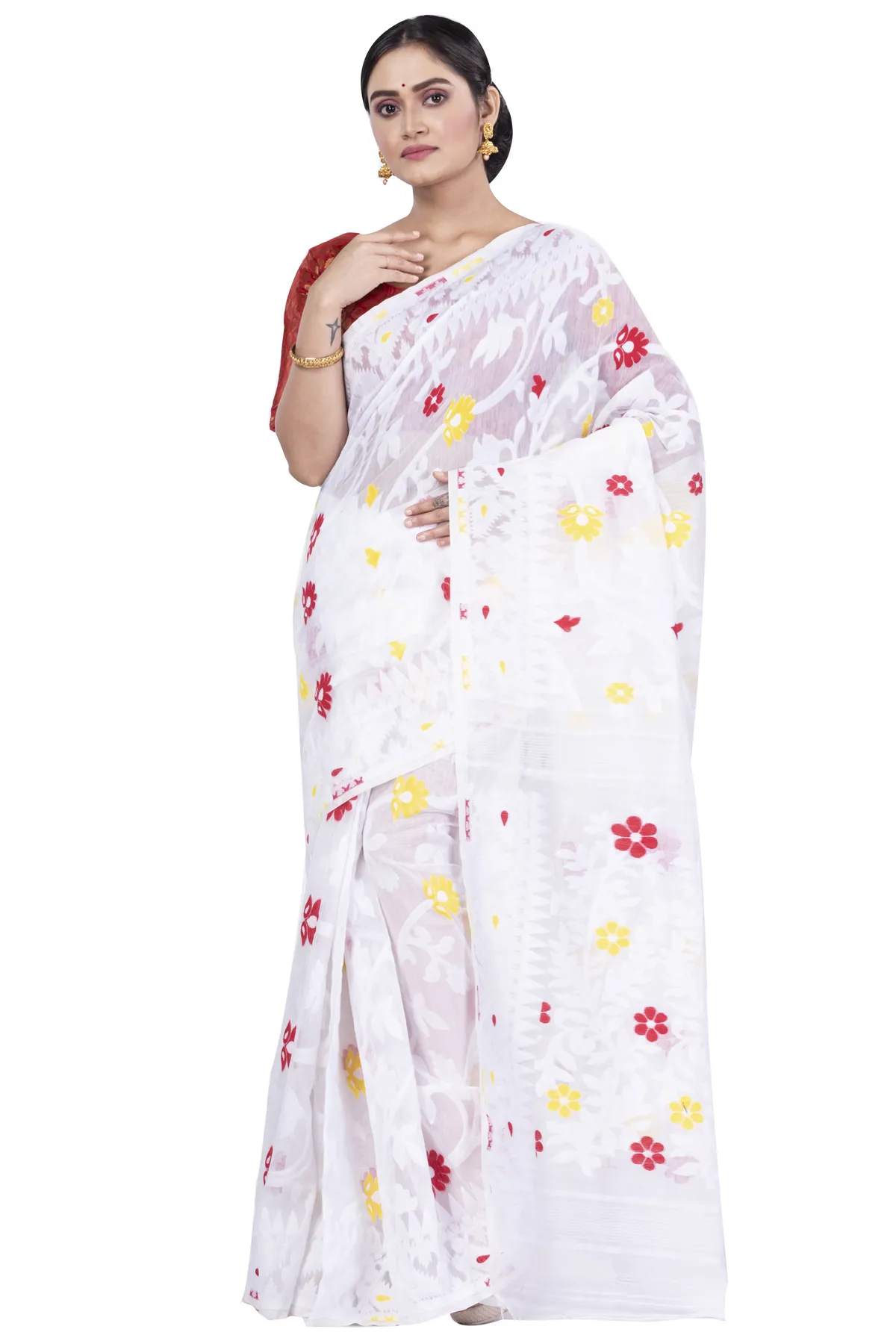 DipDiya Pure Cotton White Fulpori  Jamd Essence of Bengal Jamdani Sarees