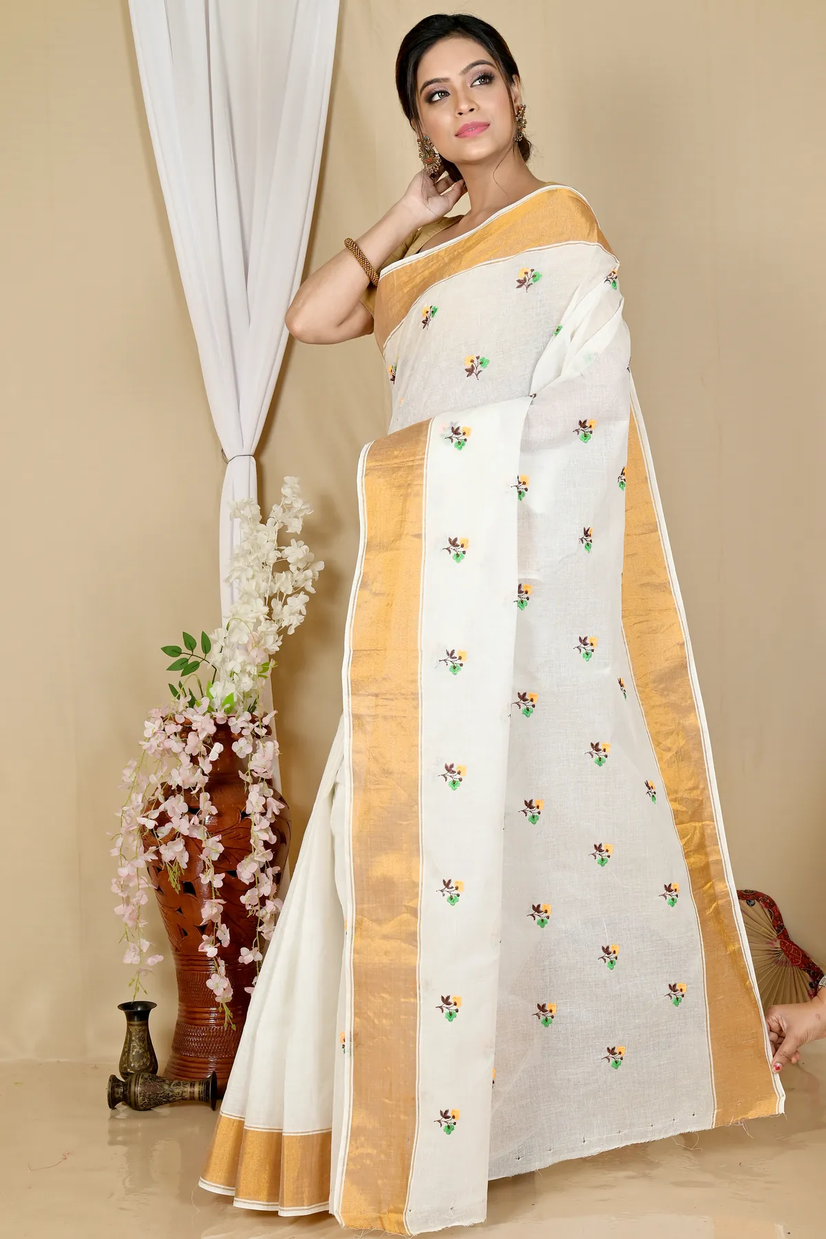 DipDiya Pure Cotton White Glold Leome Timeless Elegance Embroidery Tant Sarees
