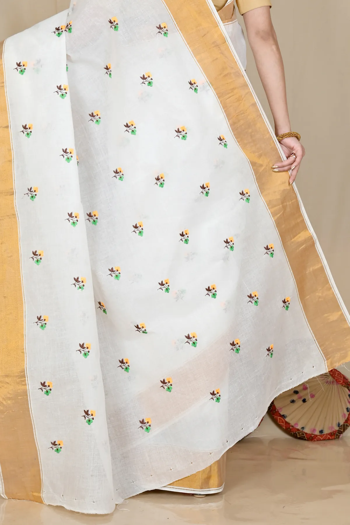 DipDiya Pure Cotton White Glold Leome Timeless Elegance Embroidery Tant Sarees