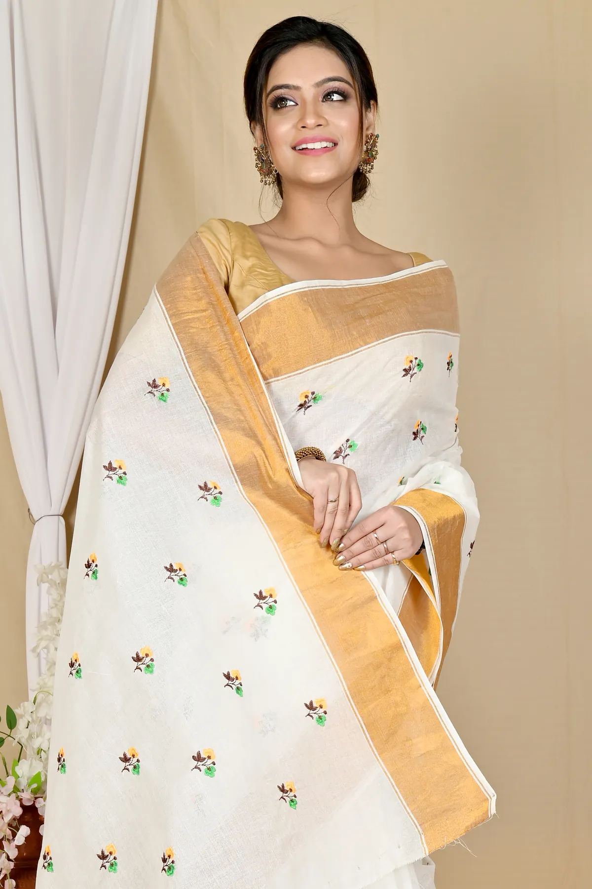 DipDiya Pure Cotton White Glold Leome Timeless Elegance Embroidery Tant Sarees