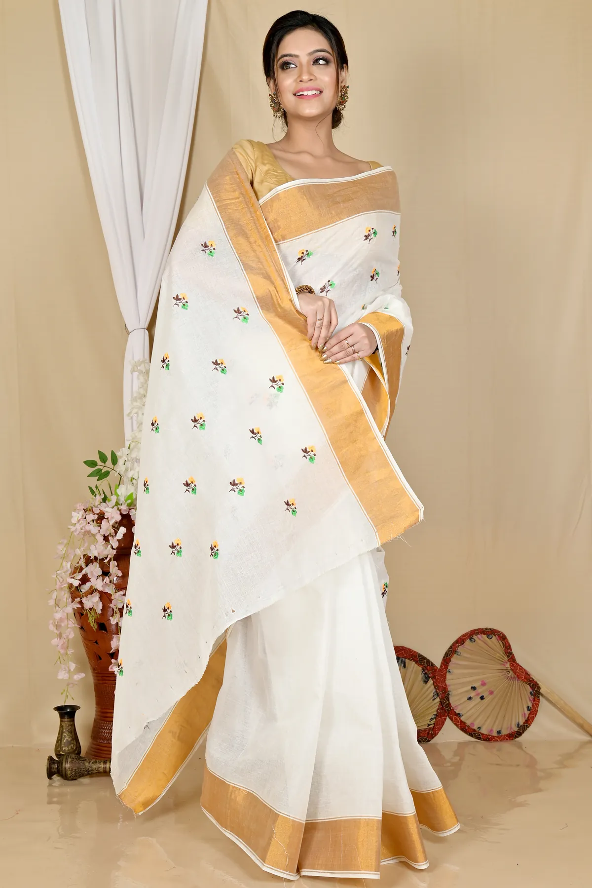 DipDiya Pure Cotton White Glold Leome Timeless Elegance Embroidery Tant Sarees