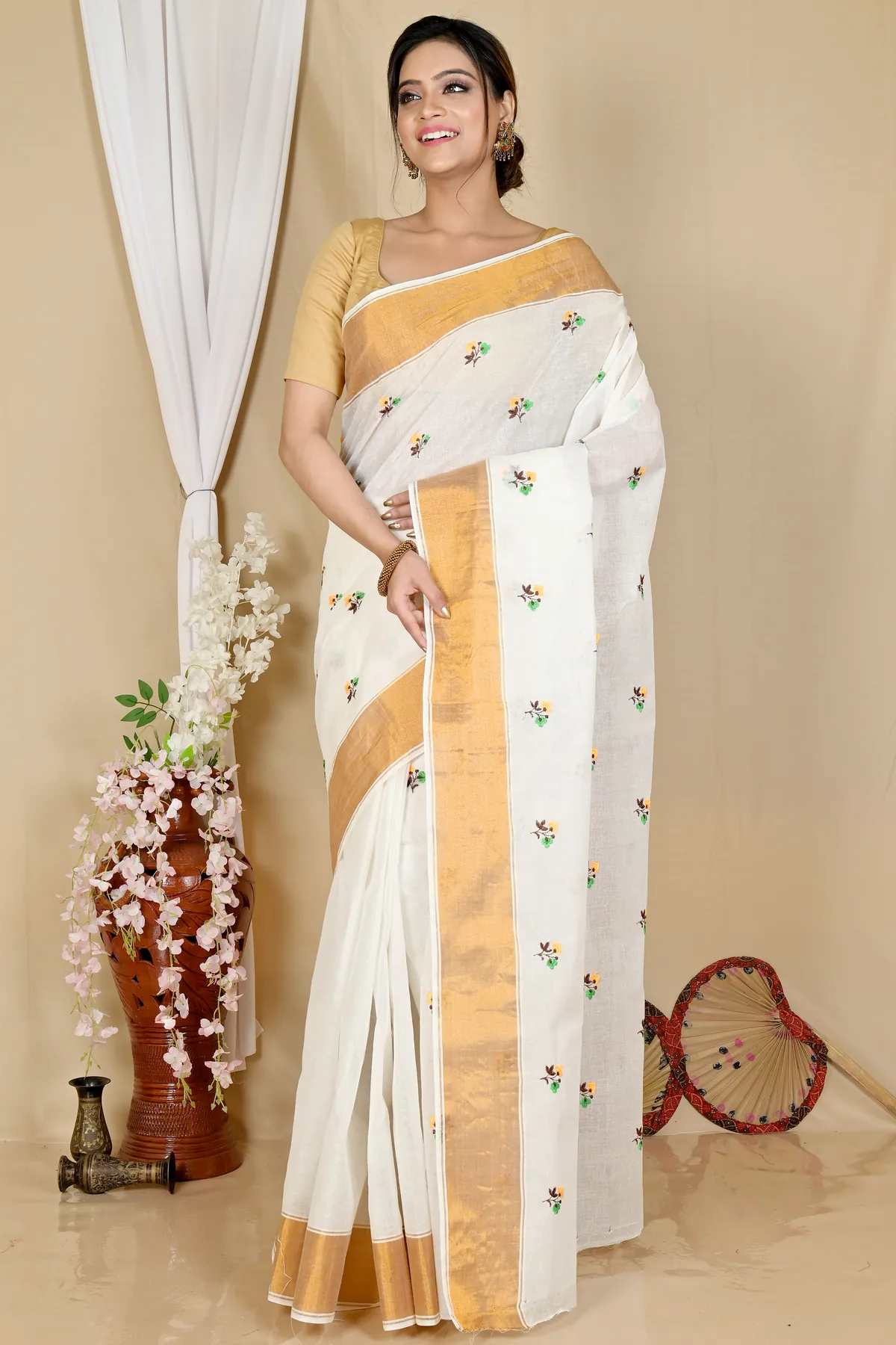 DipDiya Pure Cotton White Glold Leome Timeless Elegance Embroidery Tant Sarees