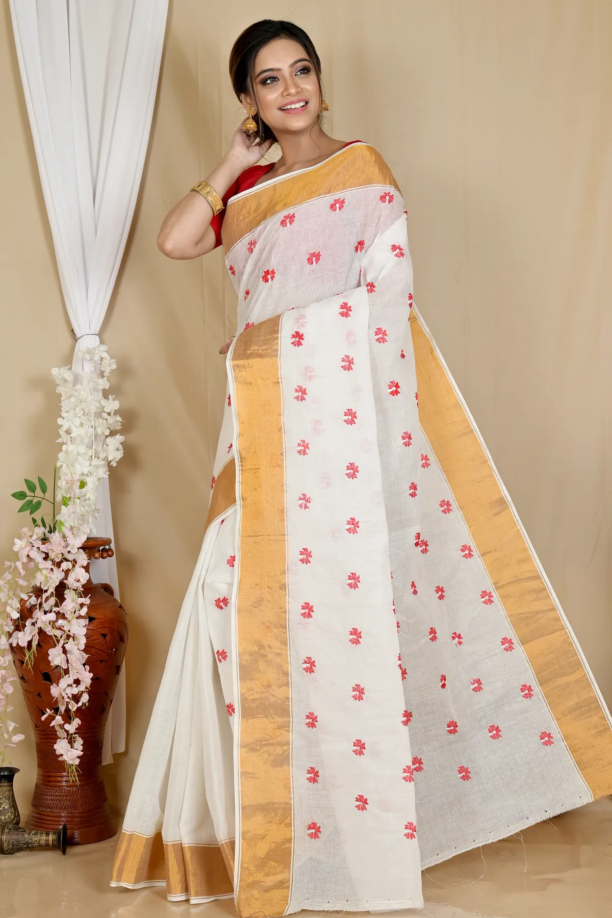 DipDiya Pure Cotton White Glold Leome Tradition in Every Thread Embroidery Tant Sarees