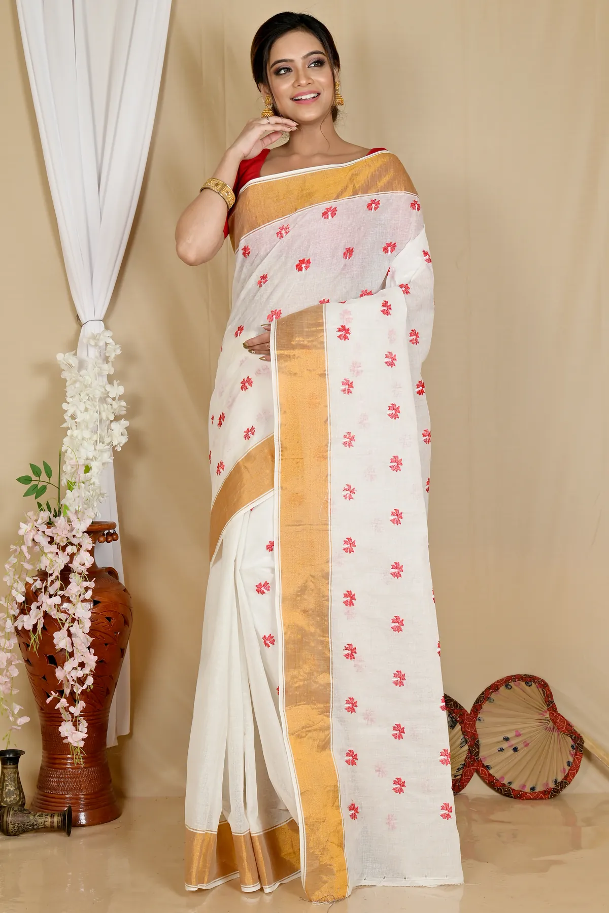 DipDiya Pure Cotton White Glold Leome Tradition in Every Thread Embroidery Tant Sarees