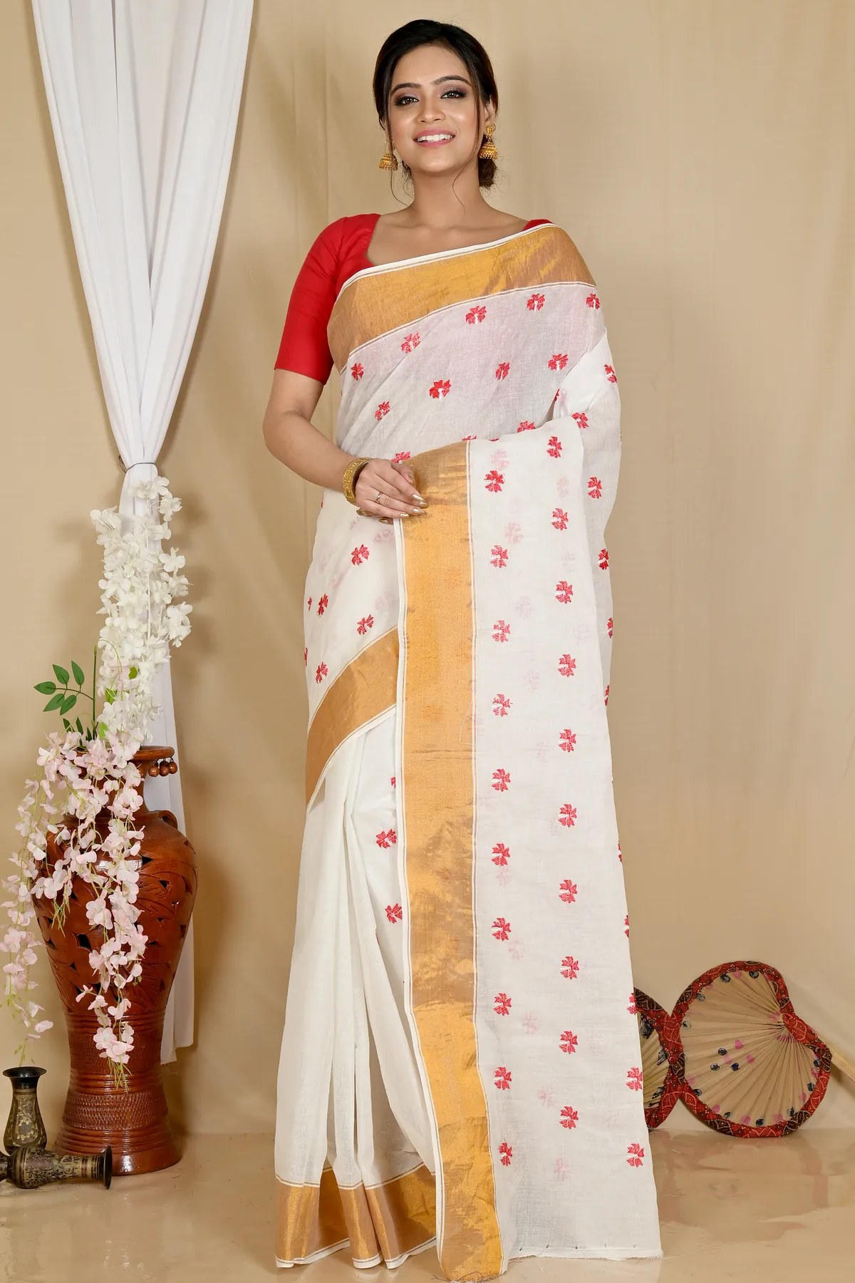 DipDiya Pure Cotton White Glold Leome Tradition in Every Thread Embroidery Tant Sarees