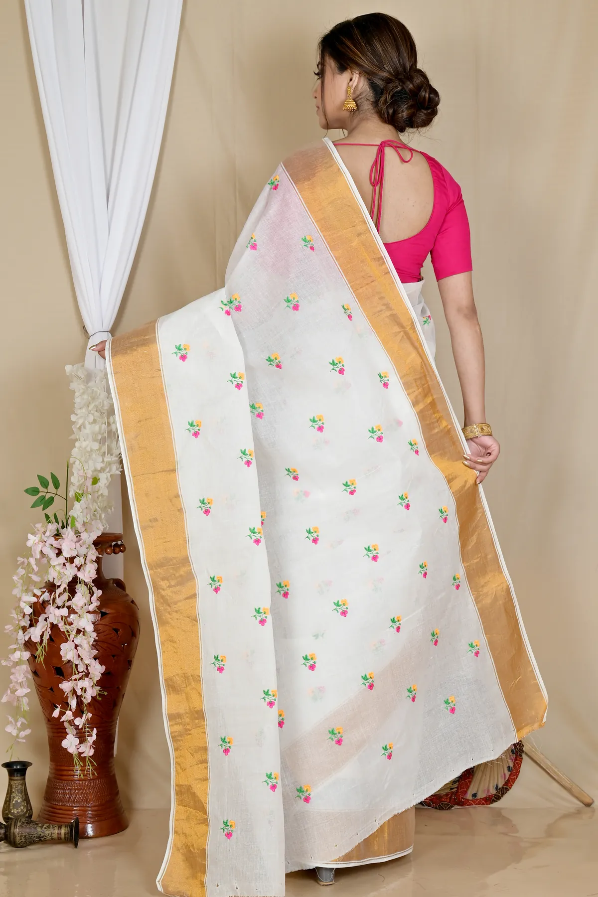 DipDiya Pure Cotton White Glold Leome Weaves with a Story Embroidery Tant Sarees