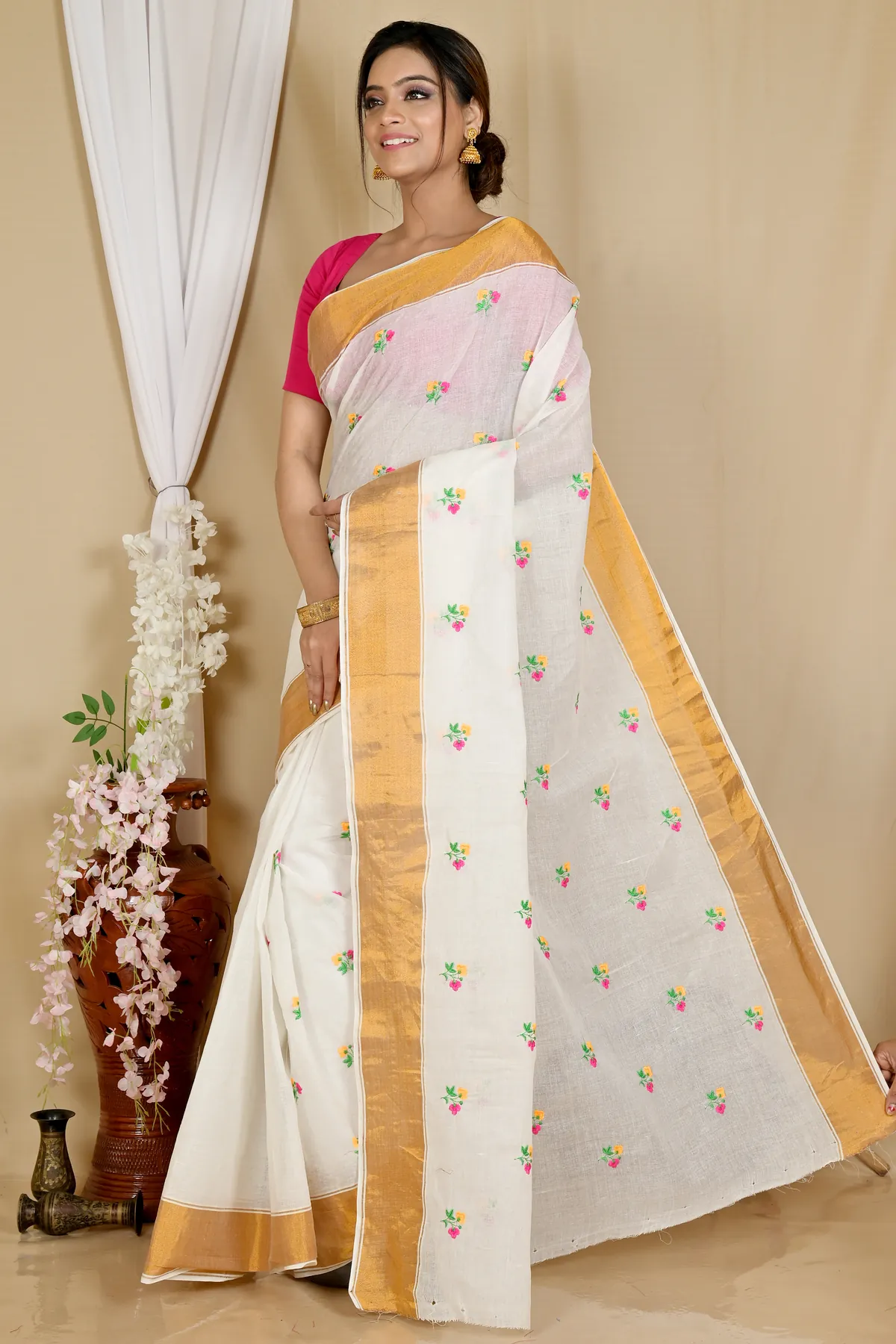 DipDiya Pure Cotton White Glold Leome Weaves with a Story Embroidery Tant Sarees