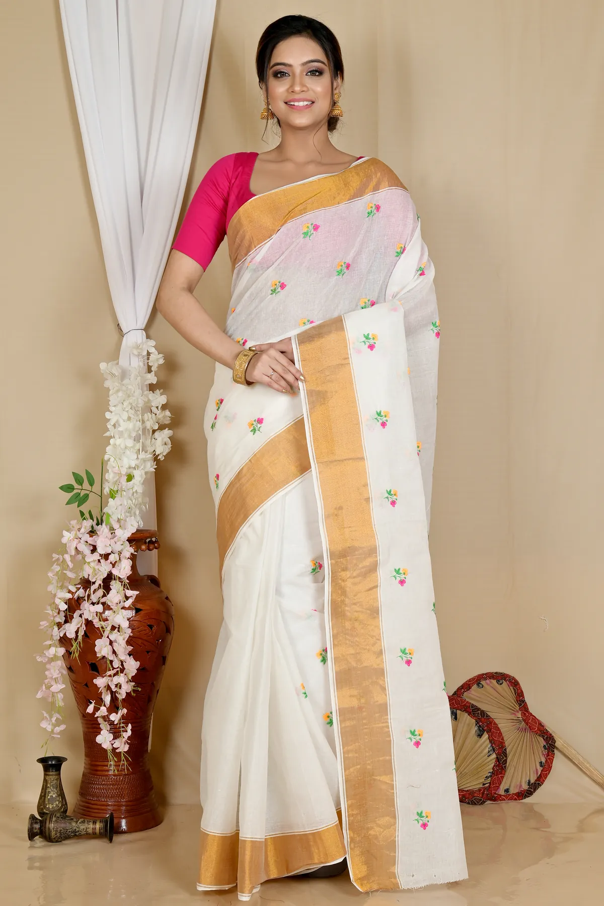 DipDiya Pure Cotton White Glold Leome Weaves with a Story Embroidery Tant Sarees
