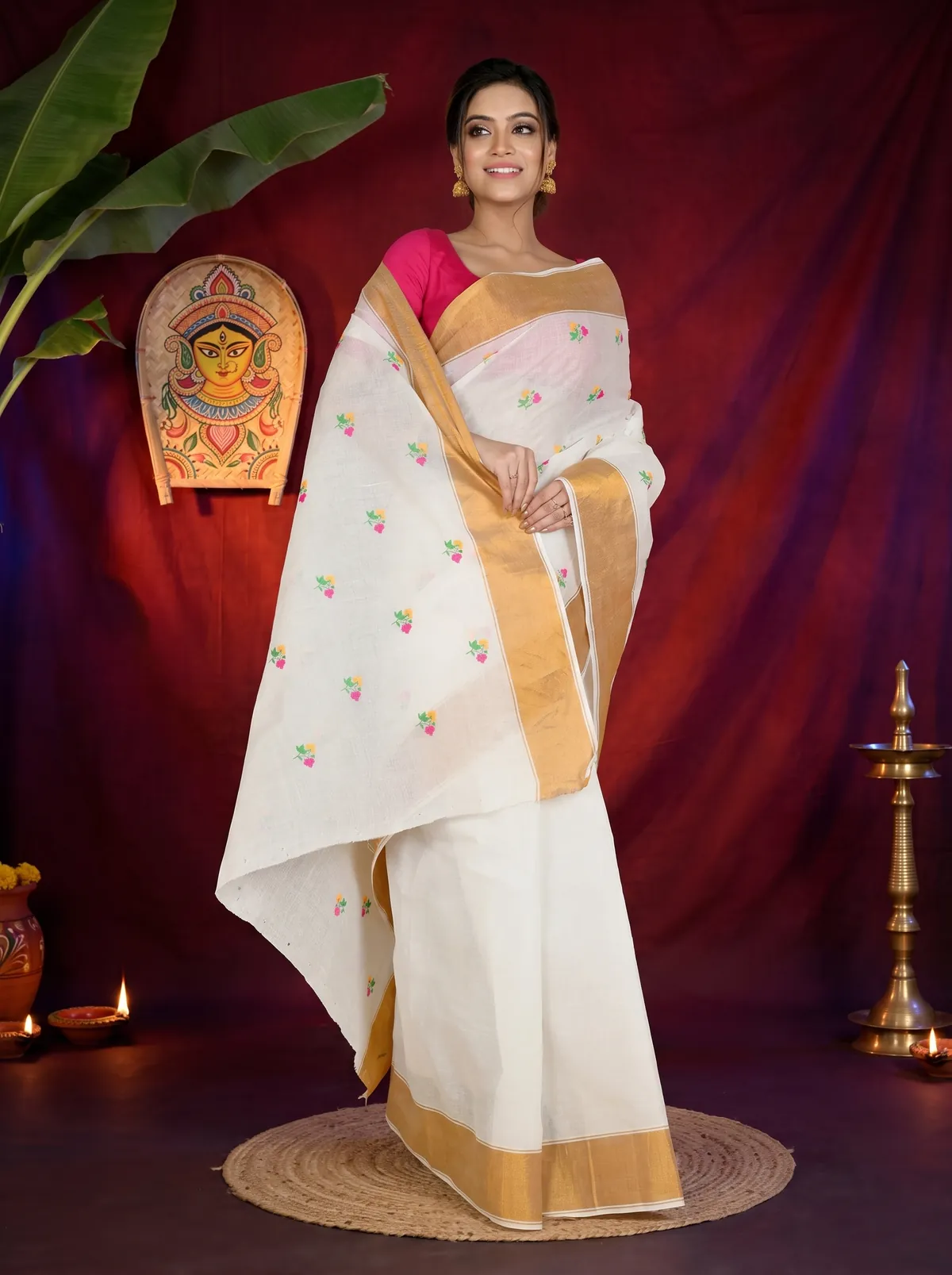 DipDiya Pure Cotton White Glold Leome Weaves with a Story Embroidery Tant Sarees