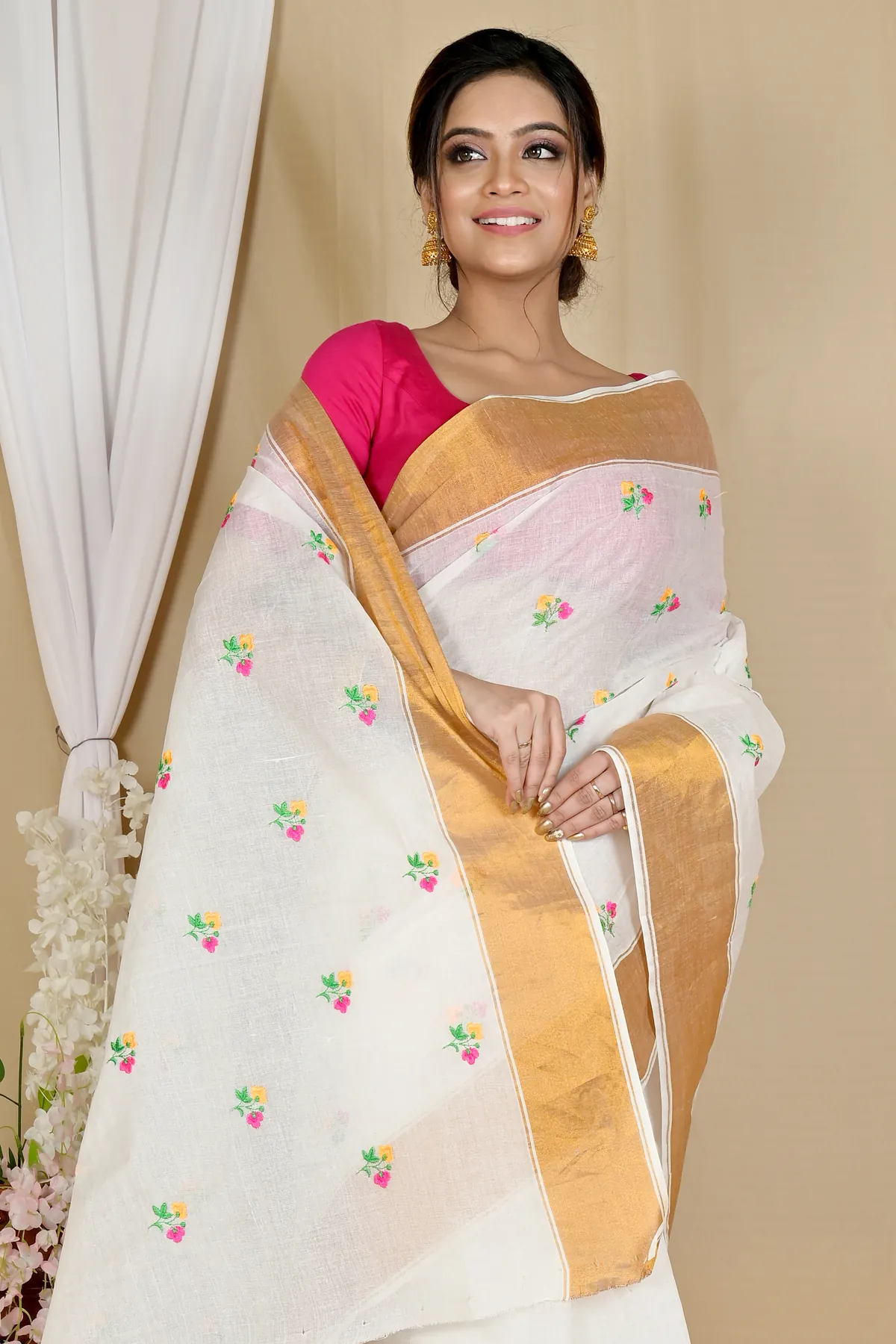 DipDiya Pure Cotton White Glold Leome Weaves with a Story Embroidery Tant Sarees