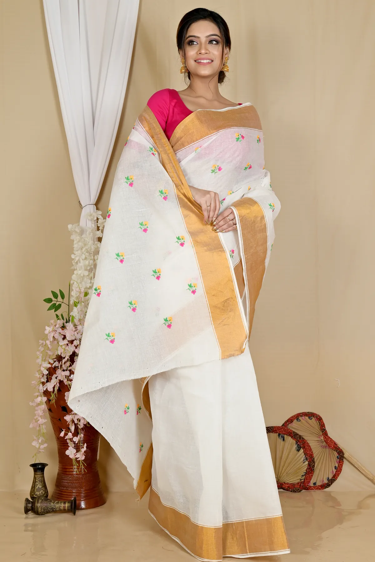DipDiya Pure Cotton White Glold Leome Weaves with a Story Embroidery Tant Sarees
