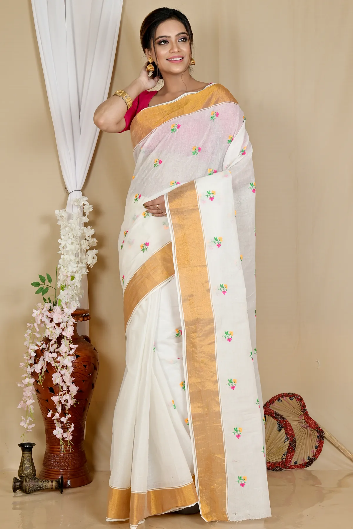DipDiya Pure Cotton White Glold Leome Weaves with a Story Embroidery Tant Sarees