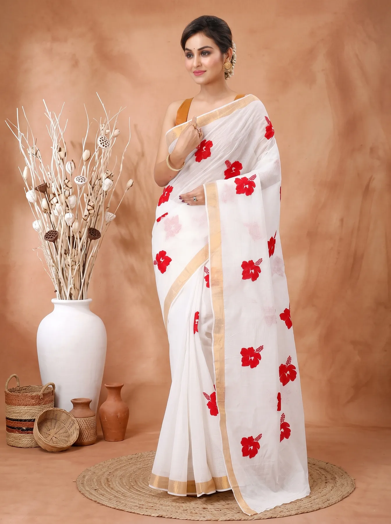 DipDiya Pure Cotton White Golden Leo Timeless Elegance Embroidery Tant Sarees