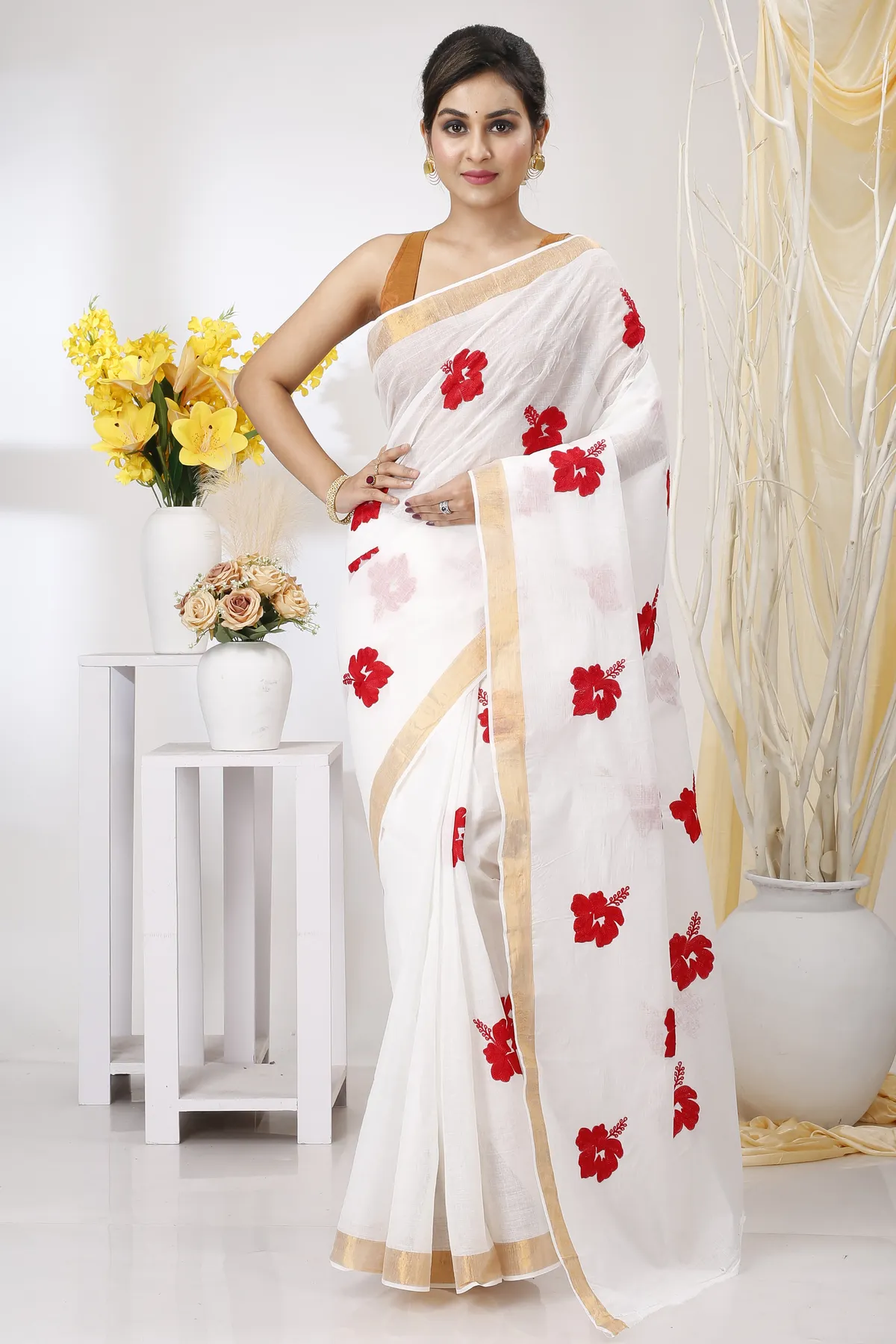 DipDiya Pure Cotton White Golden Leo Timeless Elegance Embroidery Tant Sarees