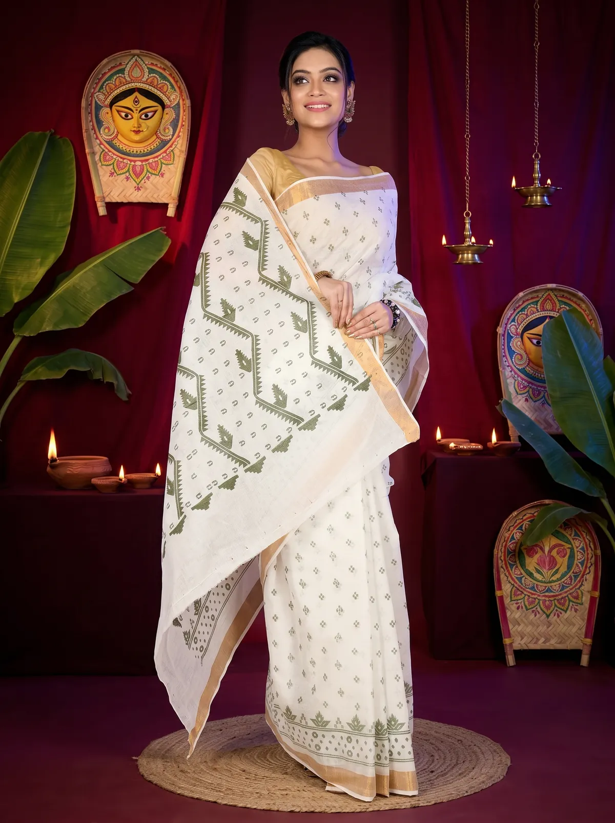 DipDiya Pure Cotton White Green Ekta Print Classic Grace Printed Tant Sarees