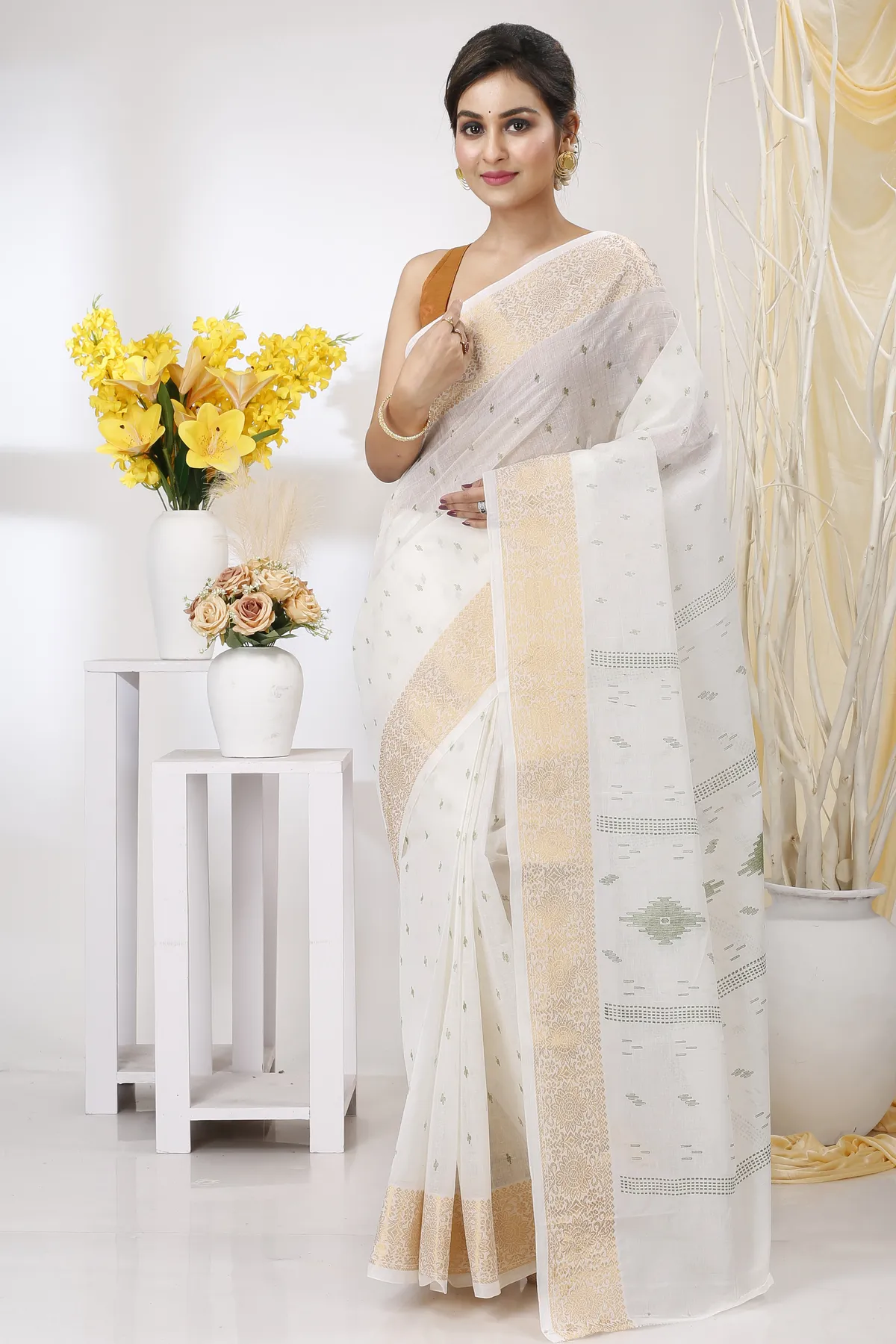 DipDiya Pure Cotton White Green Levi Crafted by Artisans Printed Tant Sarees