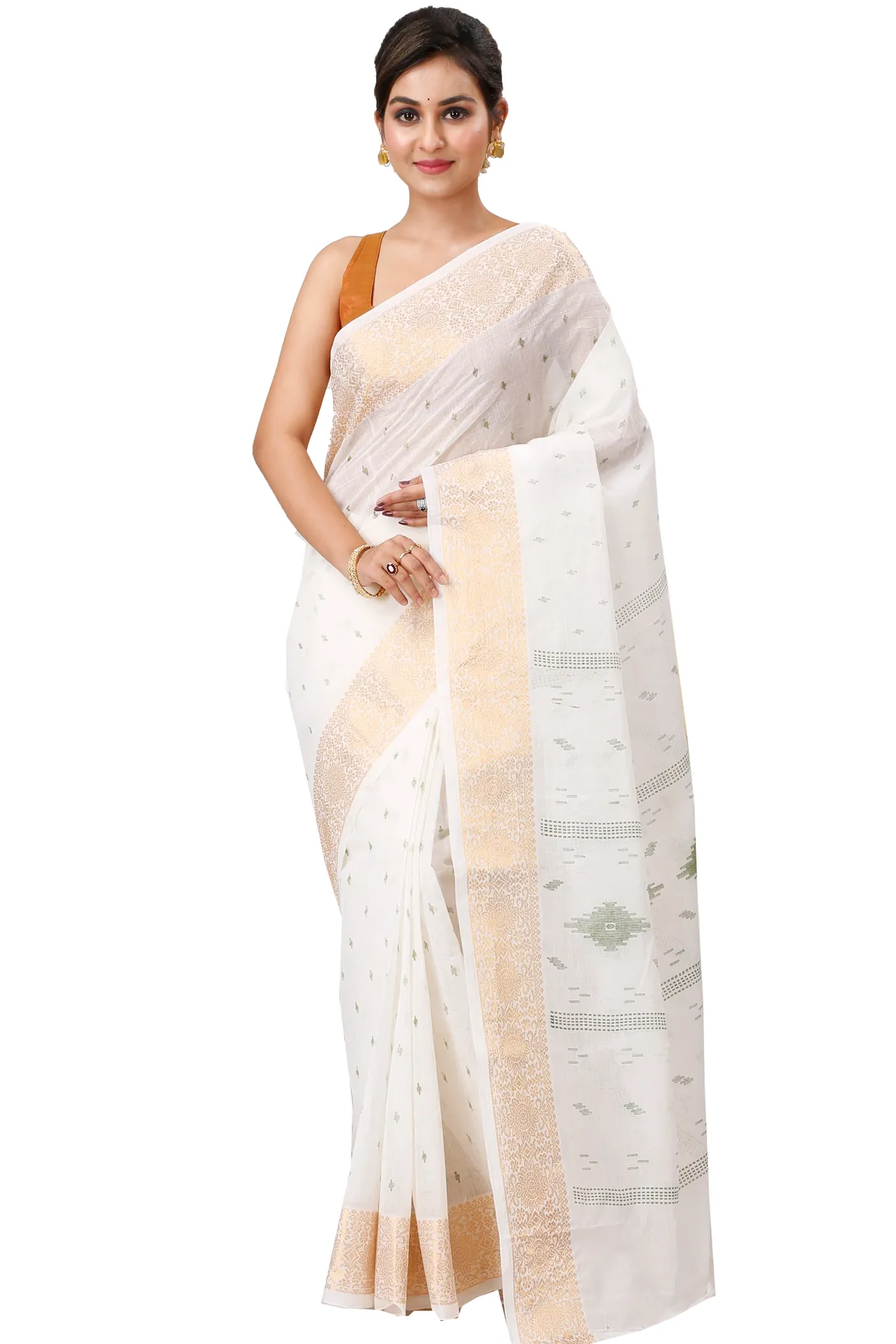 DipDiya Pure Cotton White Green Levi Crafted by Artisans Printed Tant Sarees