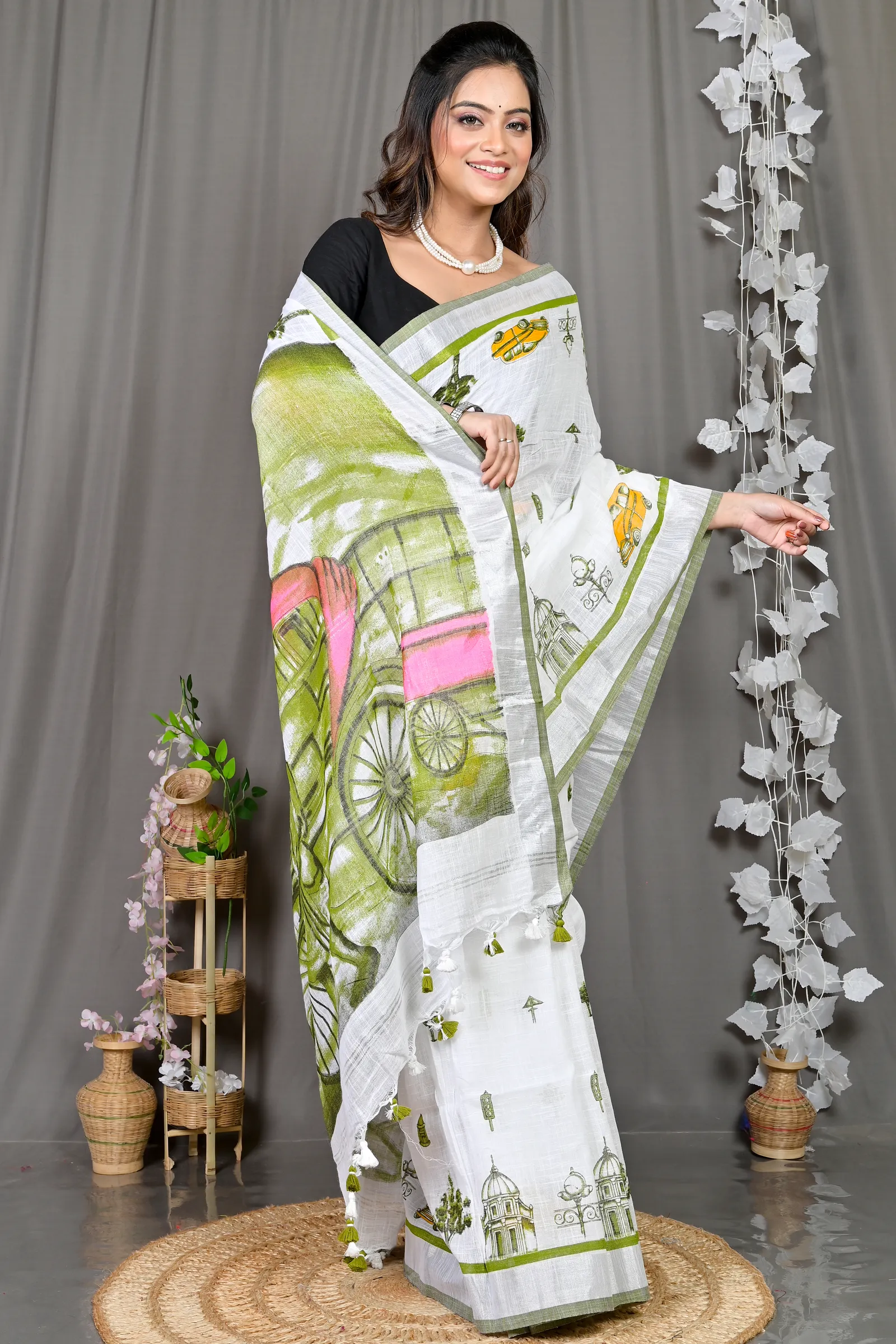 DipDiya Pure Cotton White Green Soher Heritage of Bengal Printed Handloom Sarees