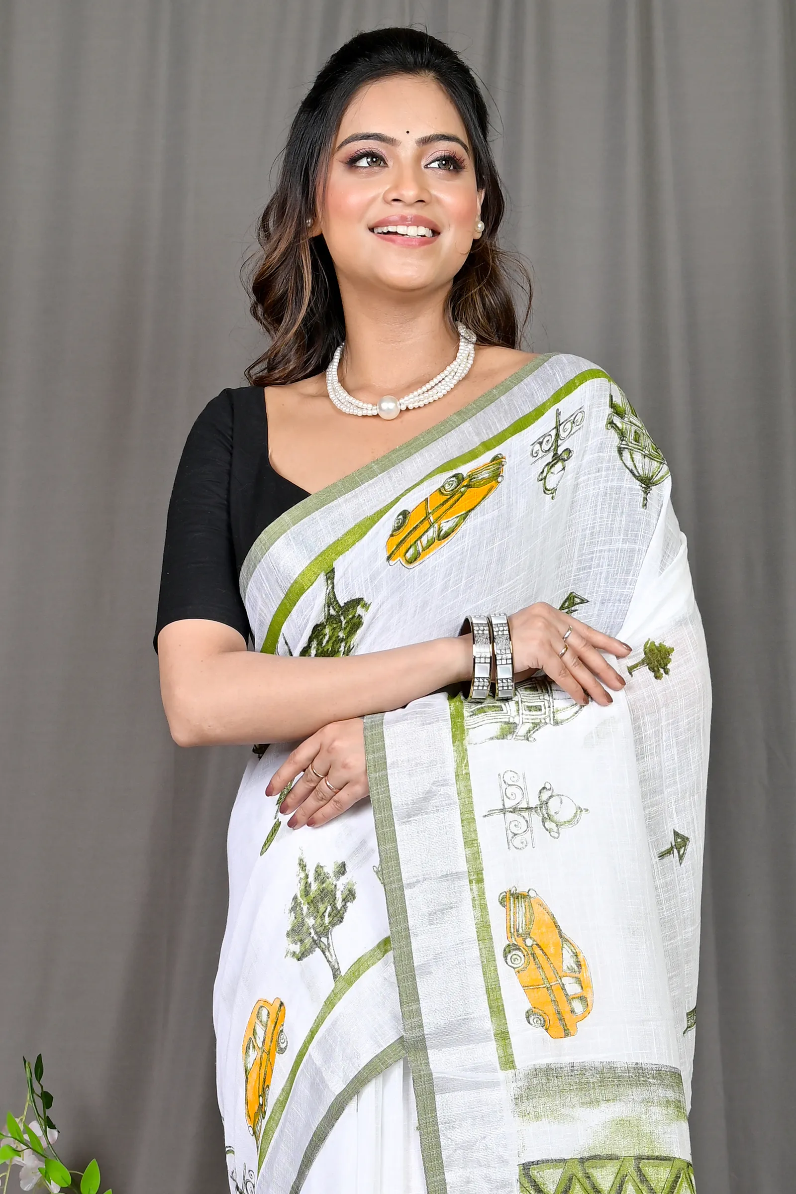 DipDiya Pure Cotton White Green Soher Heritage of Bengal Printed Handloom Sarees