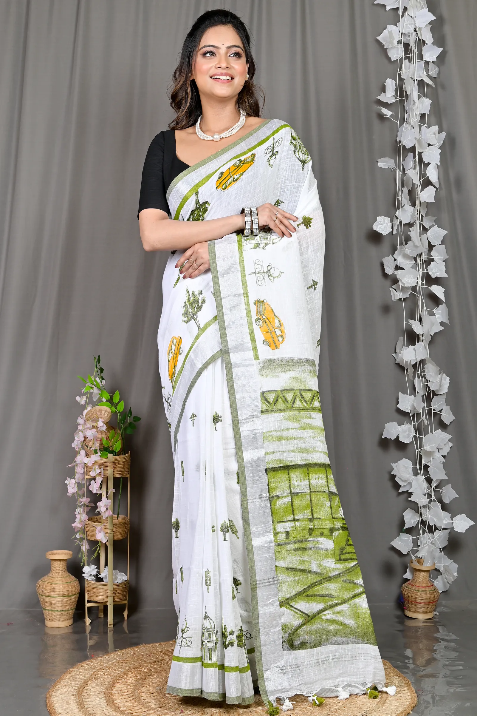 DipDiya Pure Cotton White Green Soher Heritage of Bengal Printed Handloom Sarees